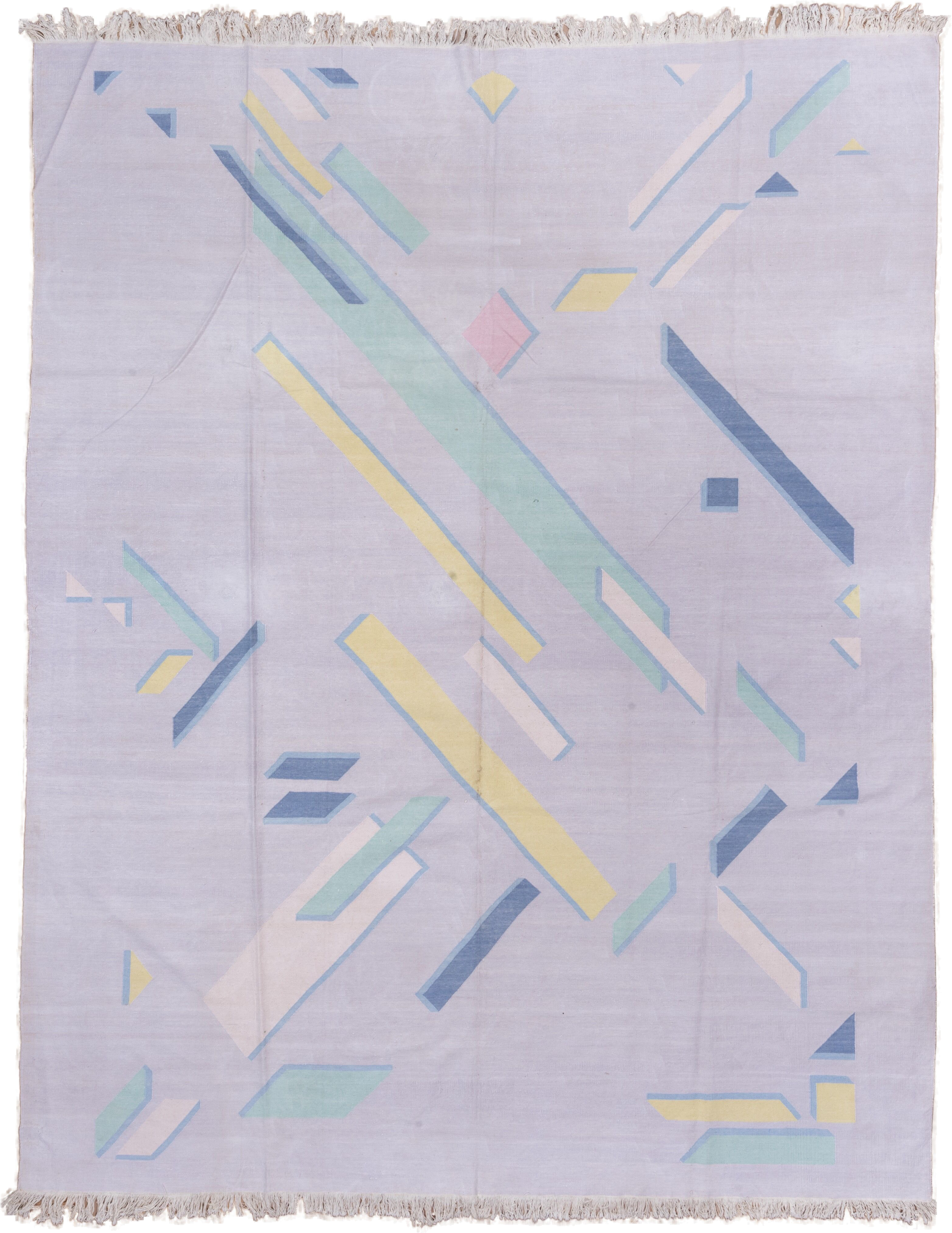 9' x 11' one-of-a-kind handmade vintage Dhurrie large size rug. Color palette: lavender, aqua, pale yellow, sky blue, blush