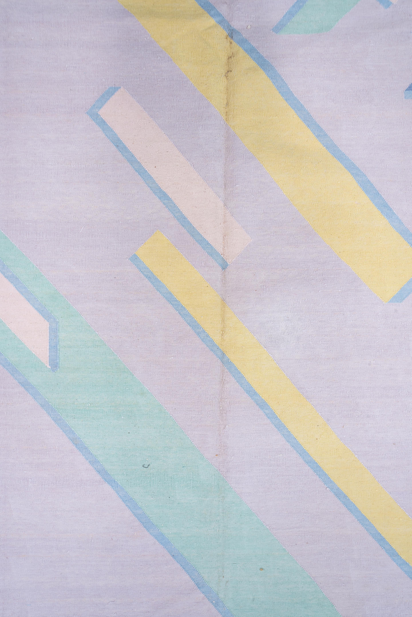 9' x 11' one-of-a-kind handmade vintage Dhurrie large size rug. Color palette: lavender, aqua, pale yellow, sky blue, blush