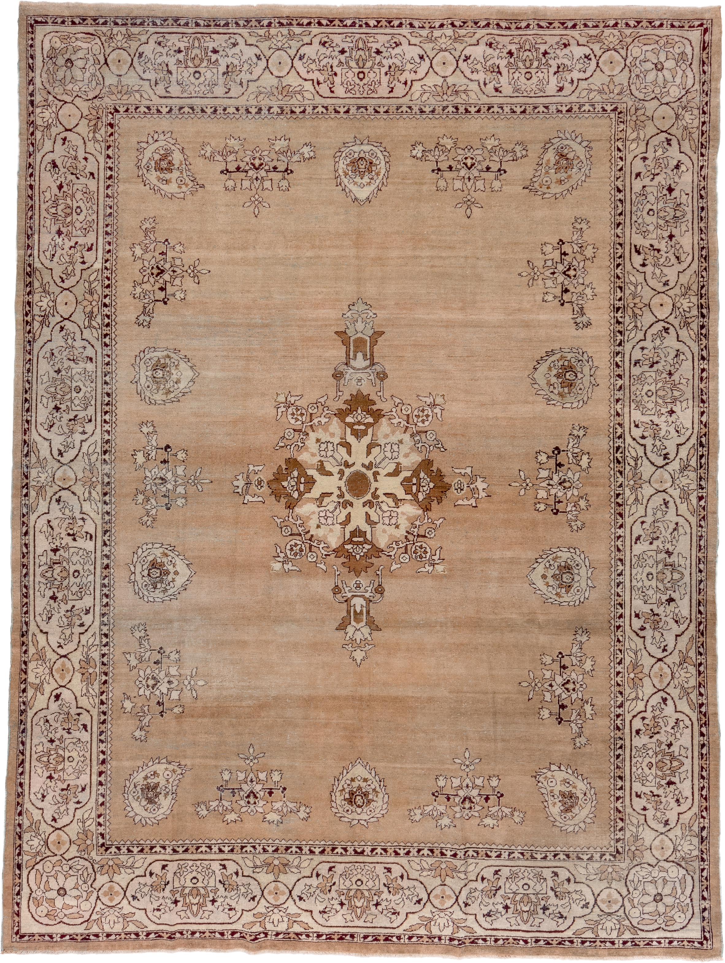 8' x 11' one-of-a-kind handmade antique Amritzar large size rug. Color palette: camel, ivory, taupe, brown, rust, burgundy