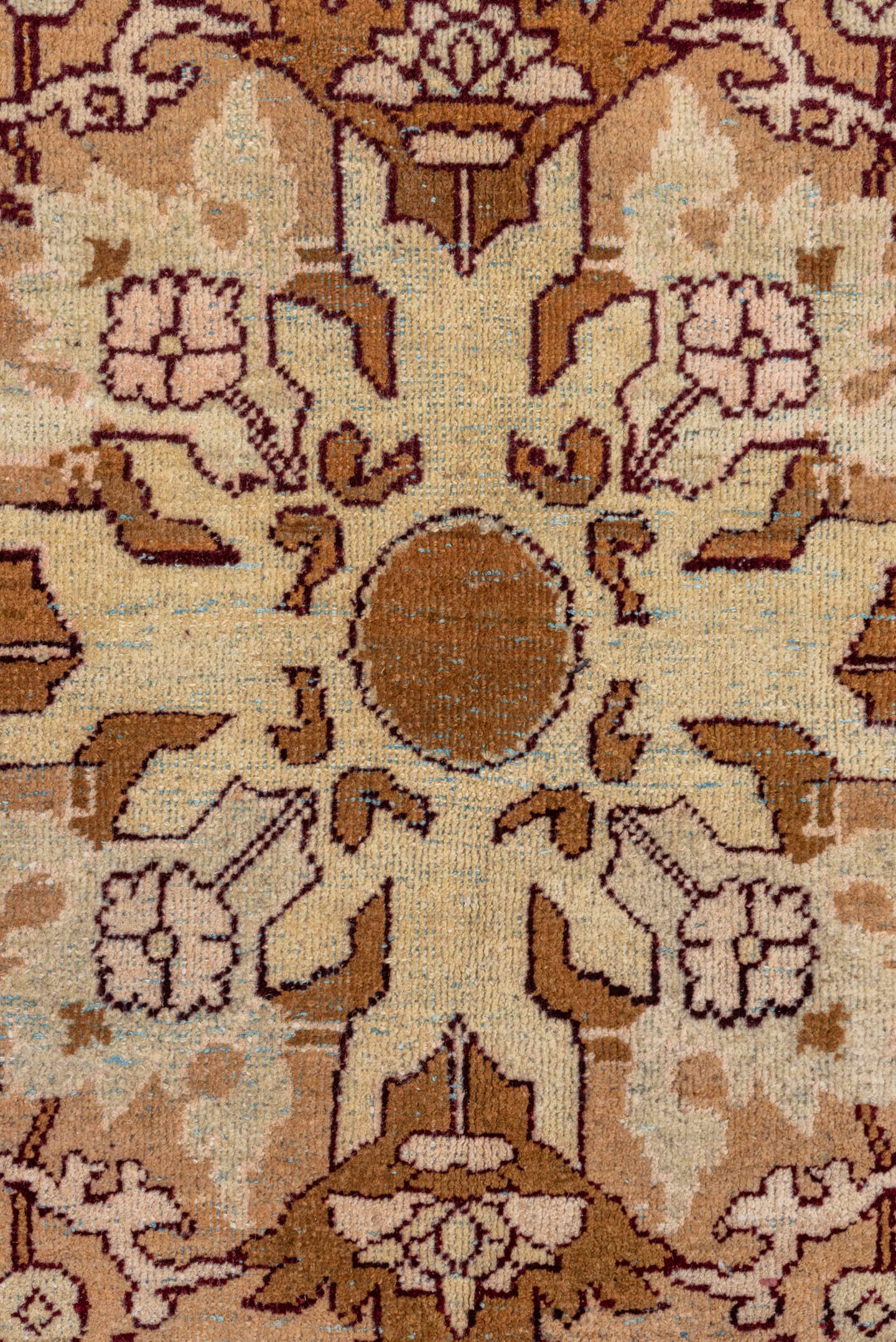 8' x 11' one-of-a-kind handmade antique Amritzar large size rug. Color palette: camel, ivory, taupe, brown, rust, burgundy
