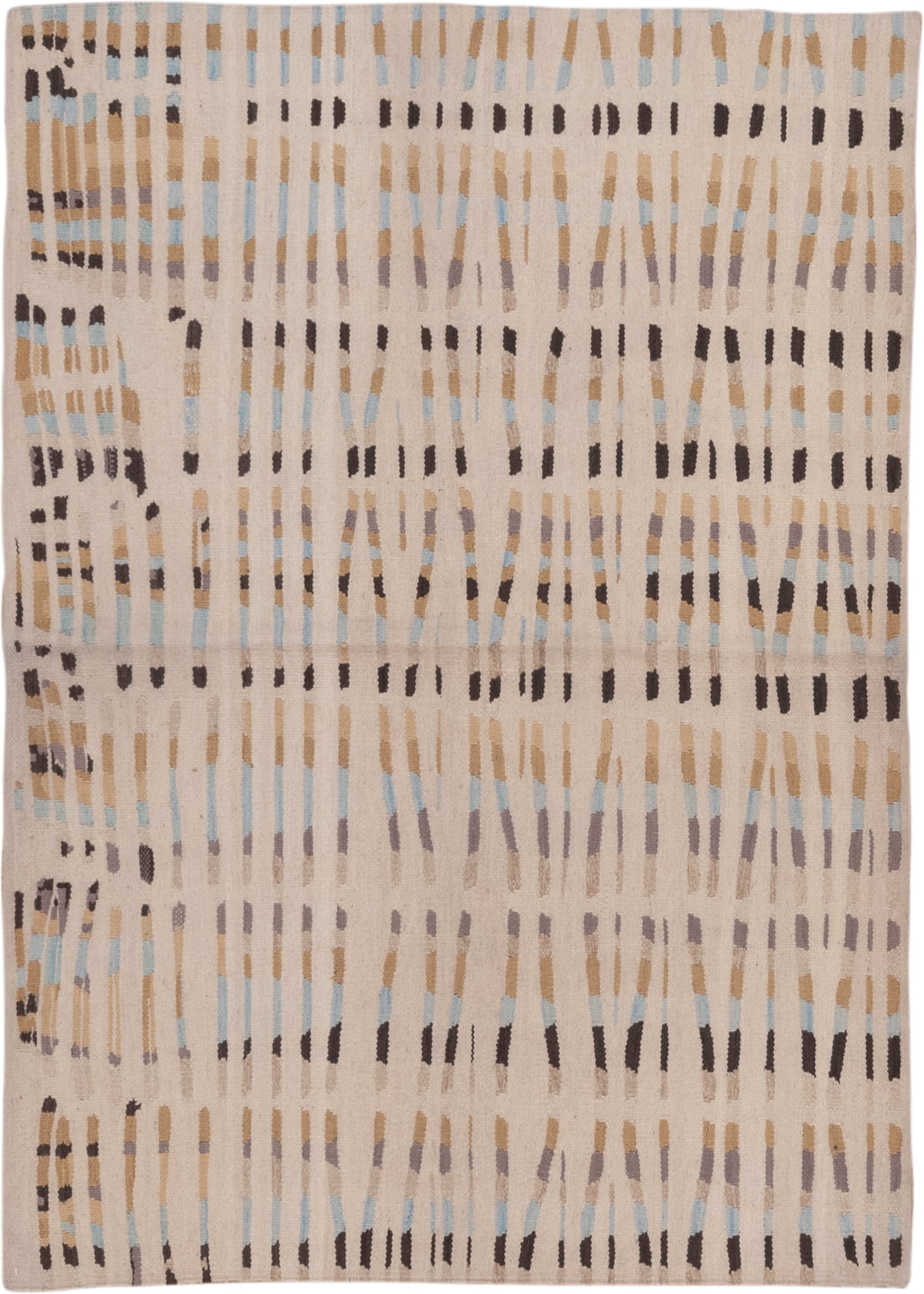 4' x 6' one-of-a-kind handmade vintage Kilim small size rug. Color palette: ivory, camel, taupe, charcoal, pale_blue, greige