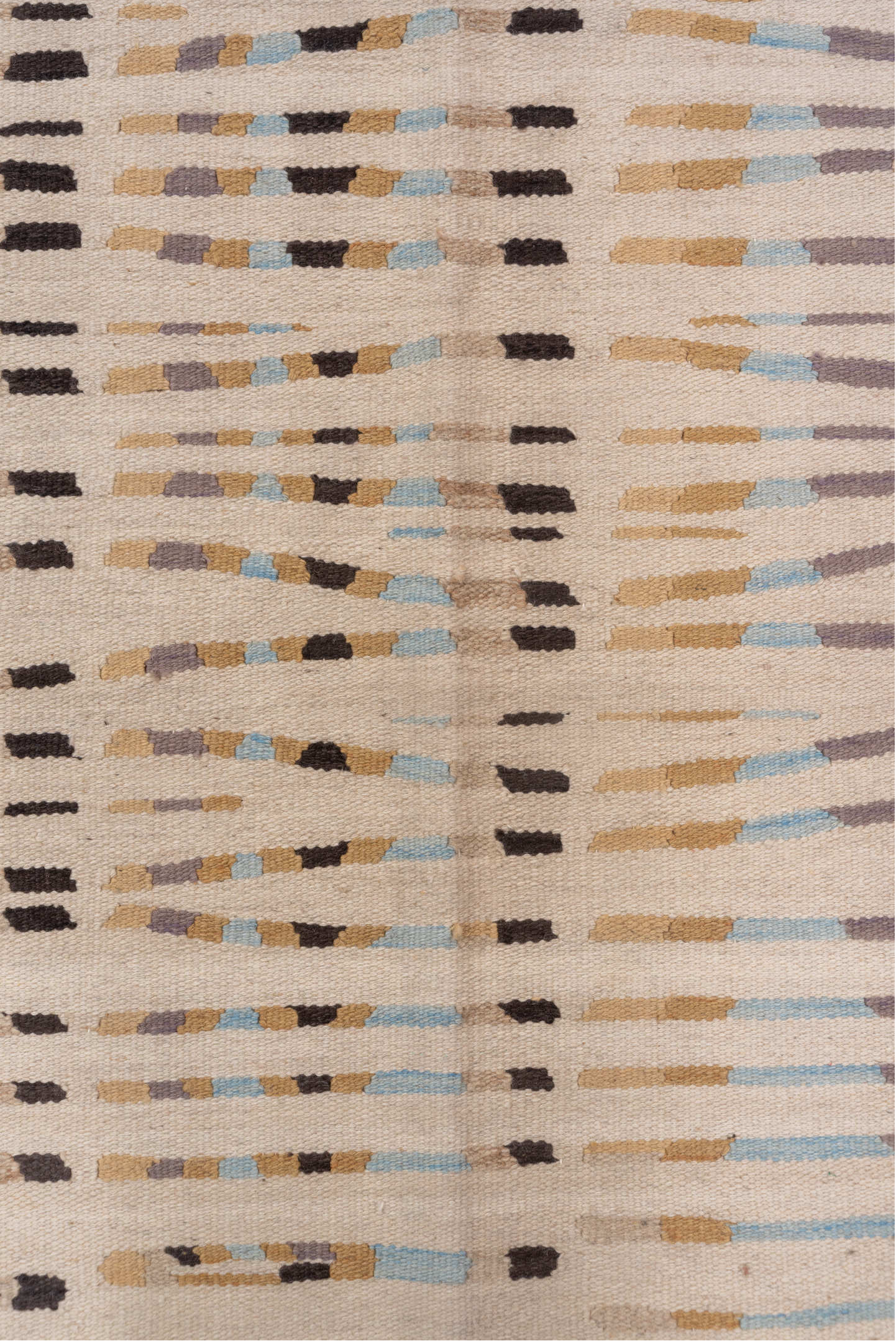 4' x 6' one-of-a-kind handmade vintage Kilim small size rug. Color palette: ivory, camel, taupe, charcoal, pale_blue, greige