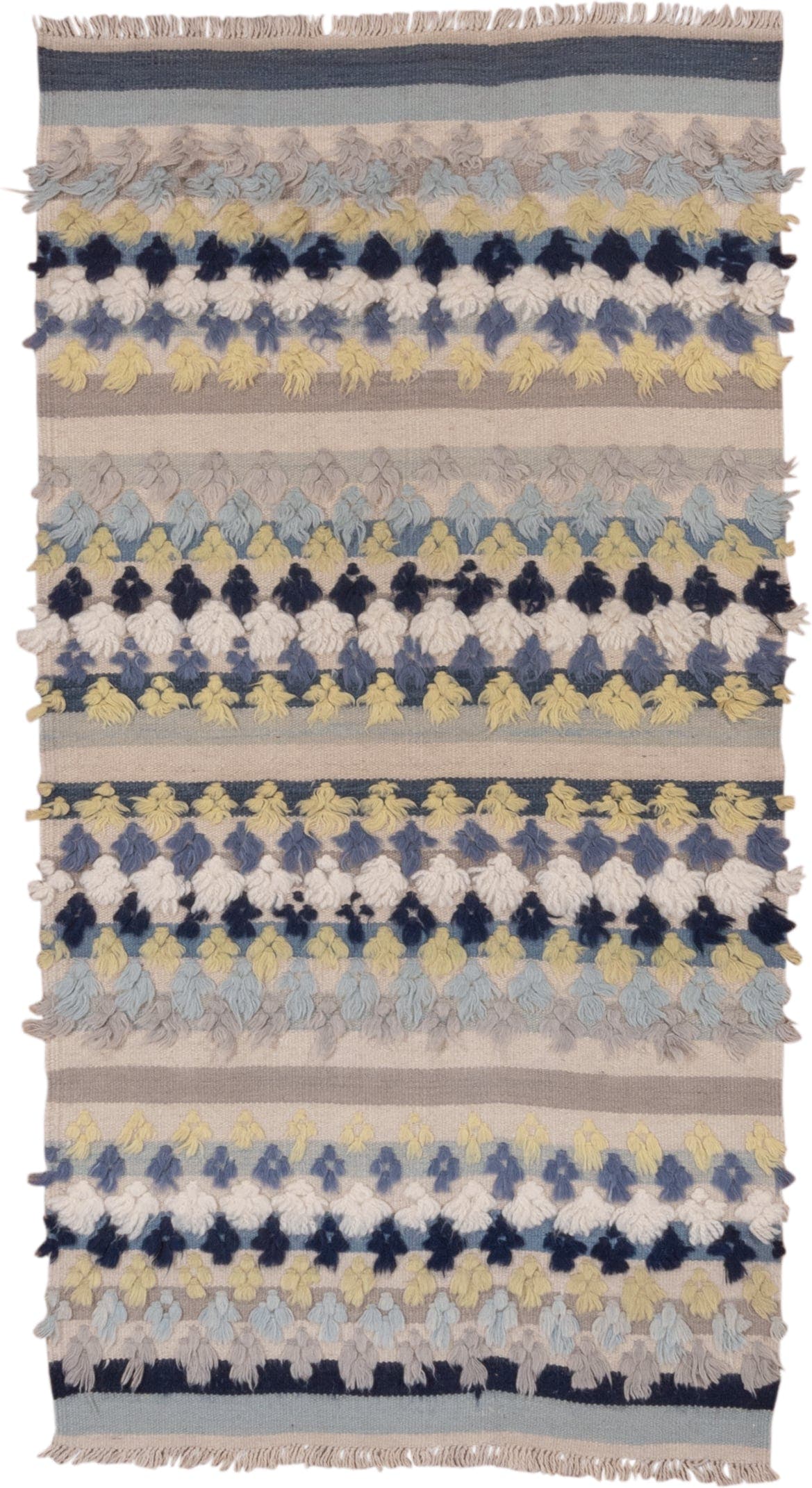 3' x 6' one-of-a-kind handmade vintage Tulu small size rug. Color palette: ivory, pale blue, taupe, navy, butter yellow