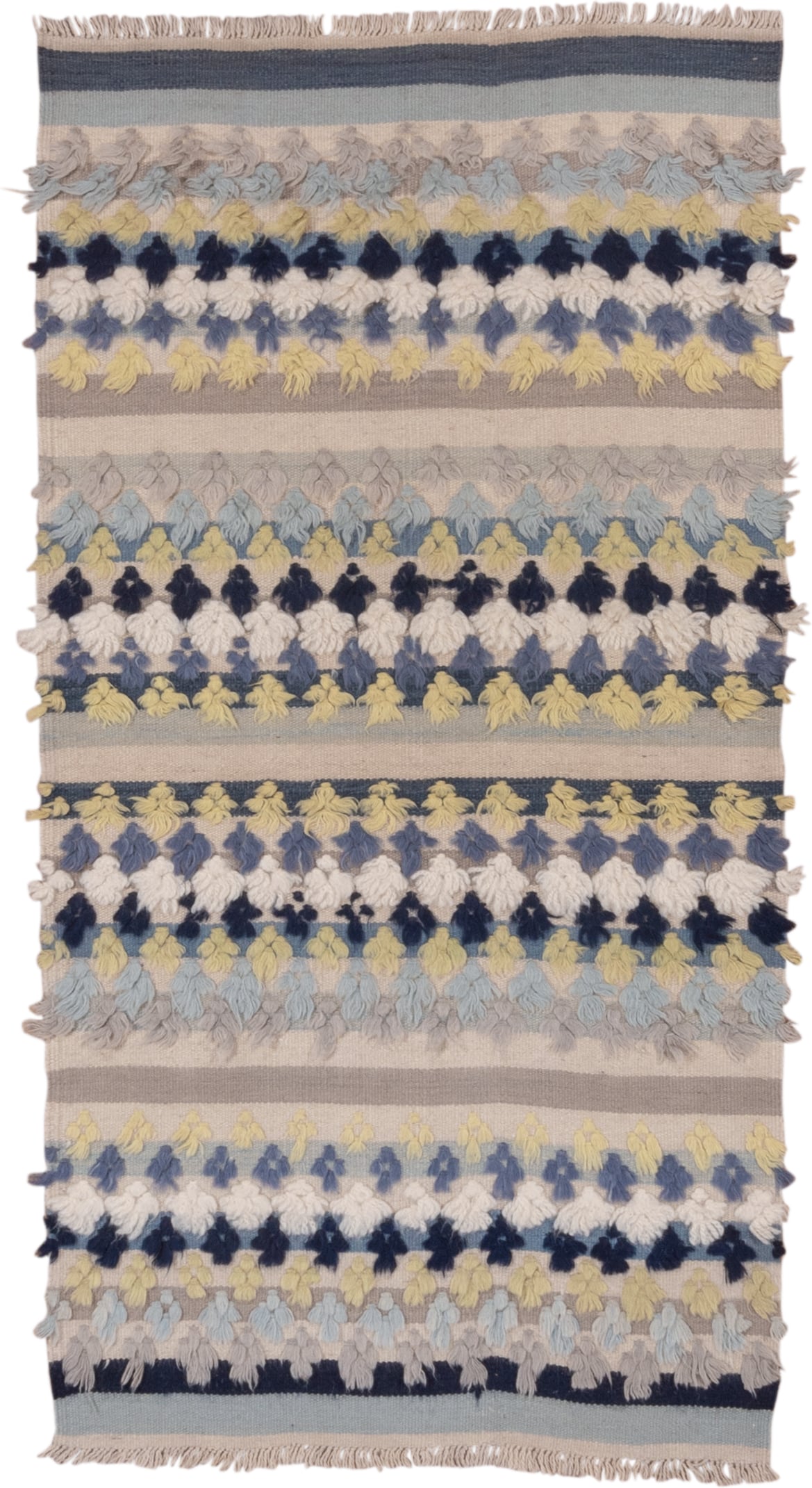 3' x 6' one-of-a-kind handmade vintage Tulu small size rug. Color palette: ivory, pale blue, taupe, navy, butter yellow