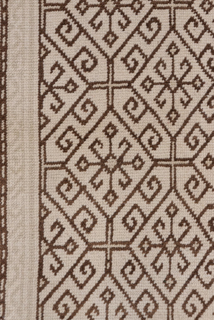 2' x 12' one-of-a-kind handmade vintage Konya runner rug. Color palette: ivory, brown, taupe, beige, gray