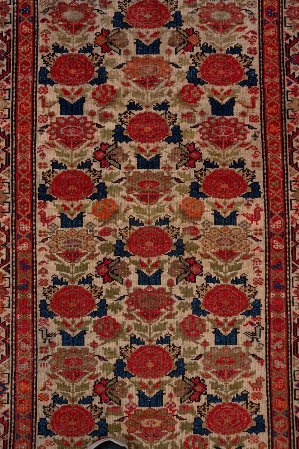 3' x 17' one-of-a-kind handmade vintage Malayer runner rug. Color palette: blue, brown, gray, pink, red