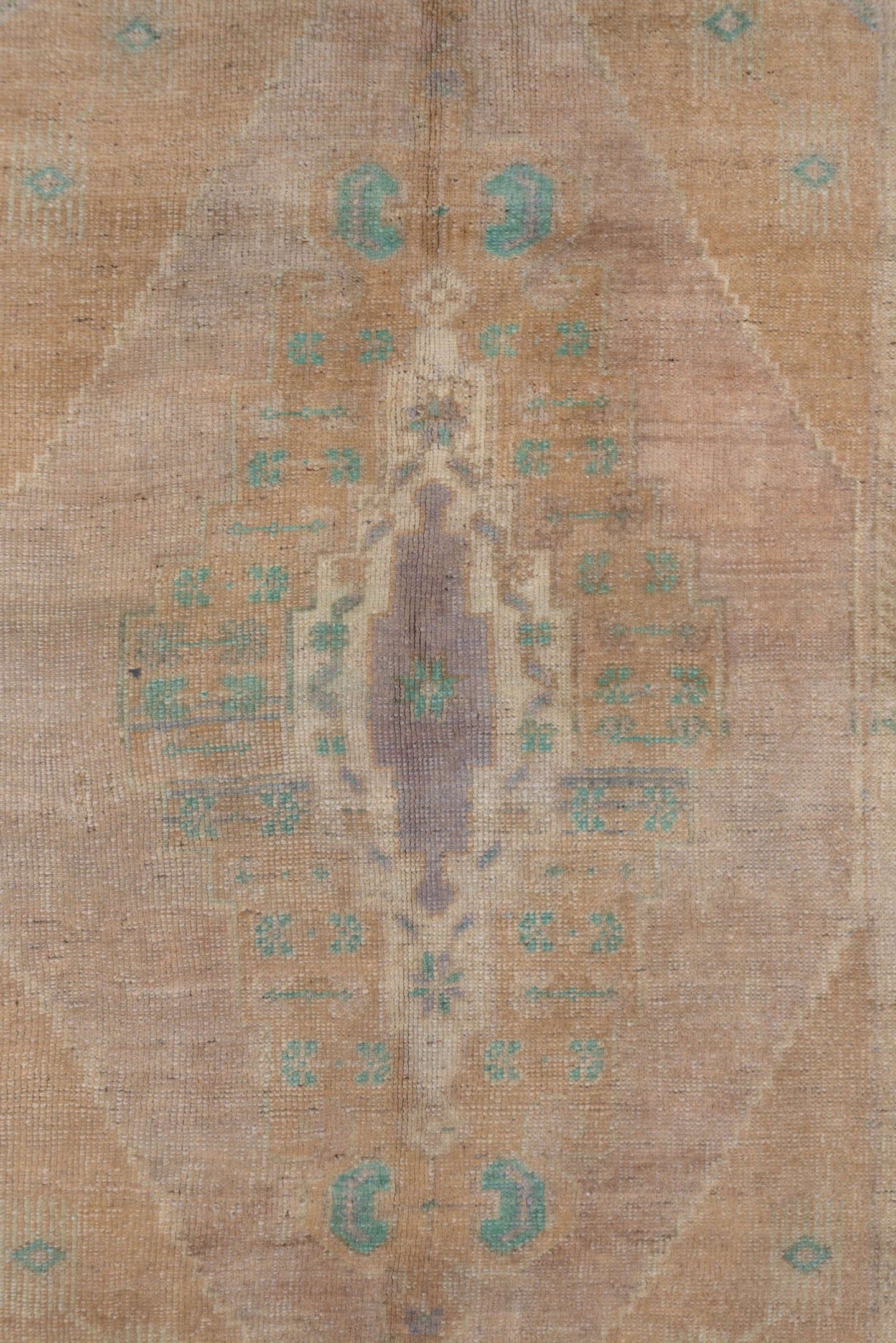 5' x 8' one-of-a-kind handmade antique Oushak medium size rug. Color palette: beige, taupe, aqua, ivory, lavender, sand