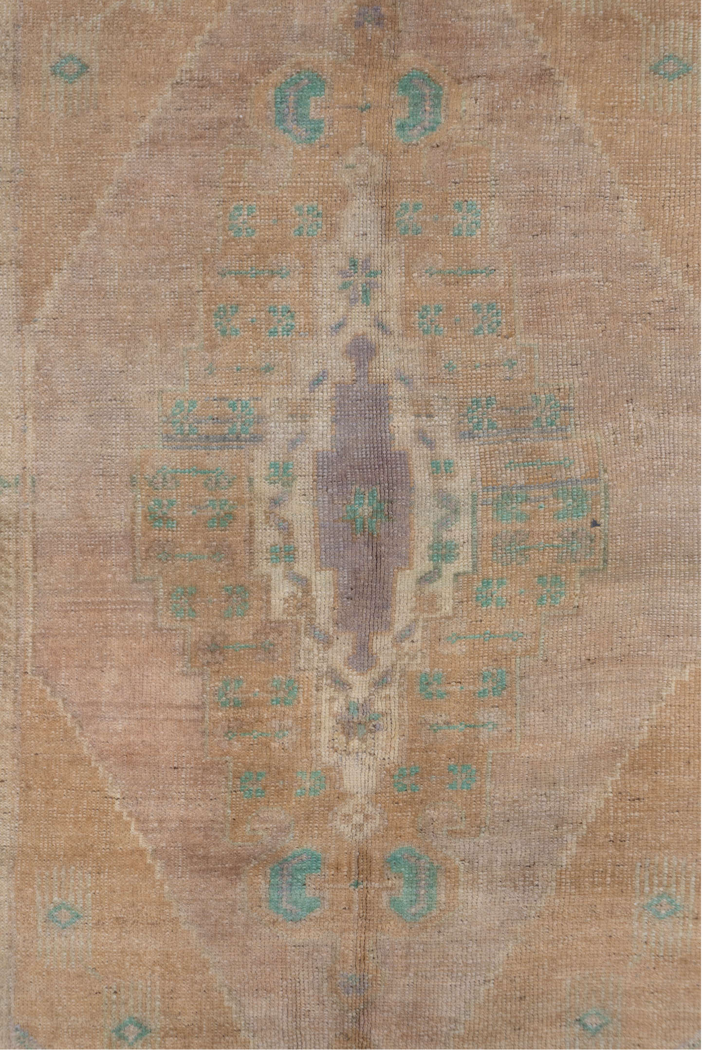 5' x 8' one-of-a-kind handmade antique Oushak medium size rug. Color palette: beige, taupe, aqua, ivory, lavender, sand