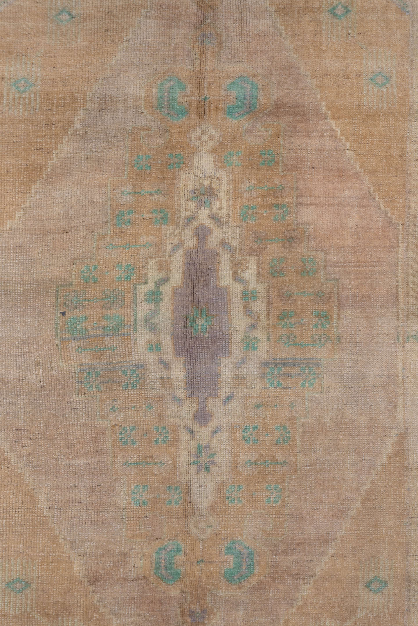 5' x 8' one-of-a-kind handmade antique Oushak medium size rug. Color palette: beige, taupe, aqua, ivory, lavender, sand