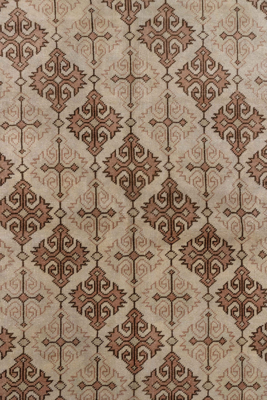 6' x 9' one-of-a-kind handmade antique Oushak medium size rug. Color palette: ivory, taupe, terra cotta, beige, camel, brown