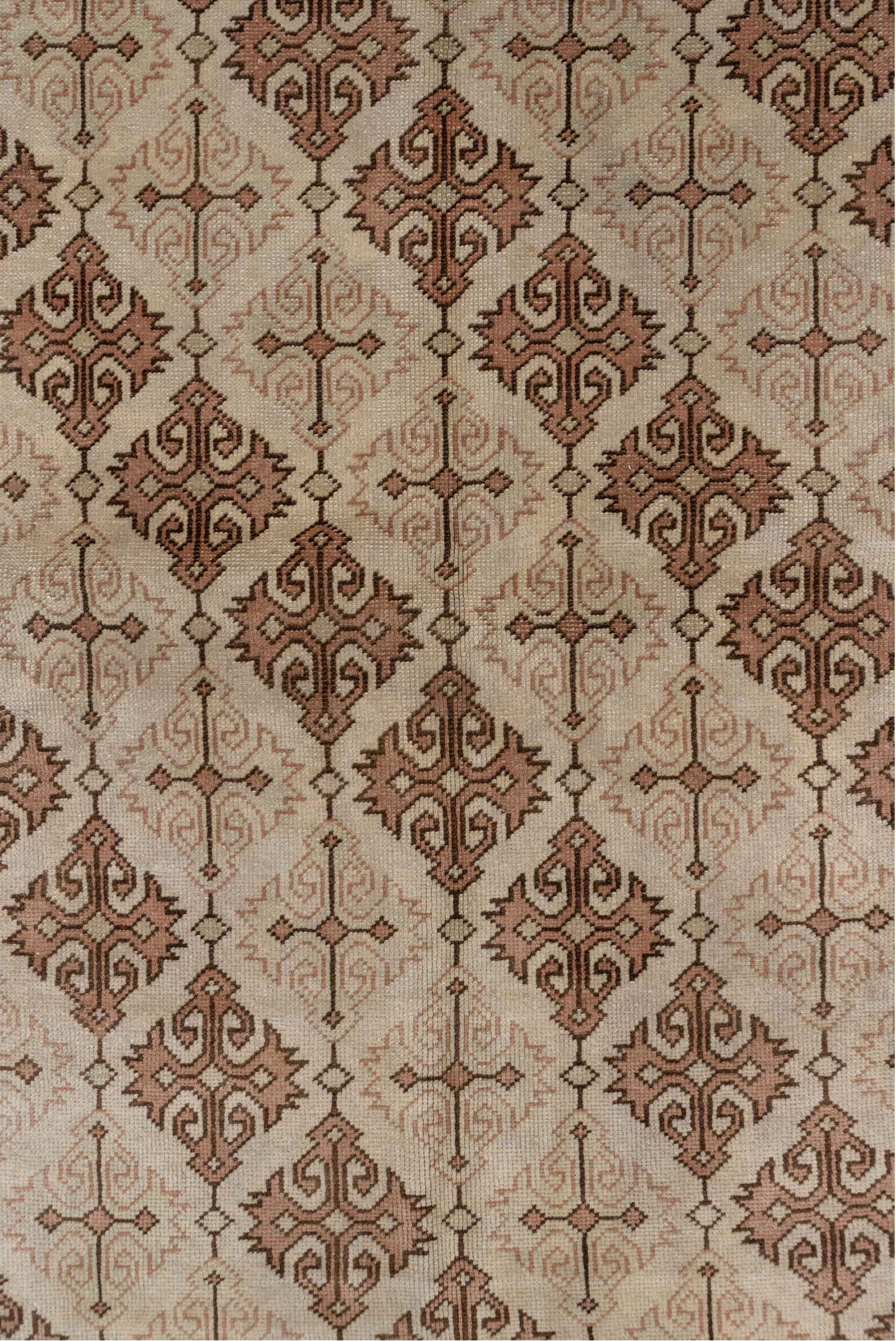 6' x 9' one-of-a-kind handmade antique Oushak medium size rug. Color palette: ivory, taupe, terra cotta, beige, camel, brown