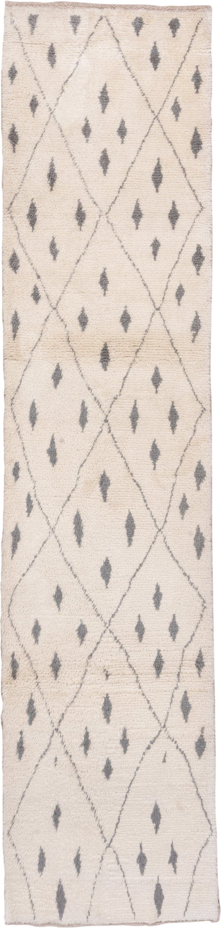 3' x 13' one-of-a-kind handmade vintage Moroccan runner rug. Color palette: ivory, charcoal, cream, taupe, gray, black