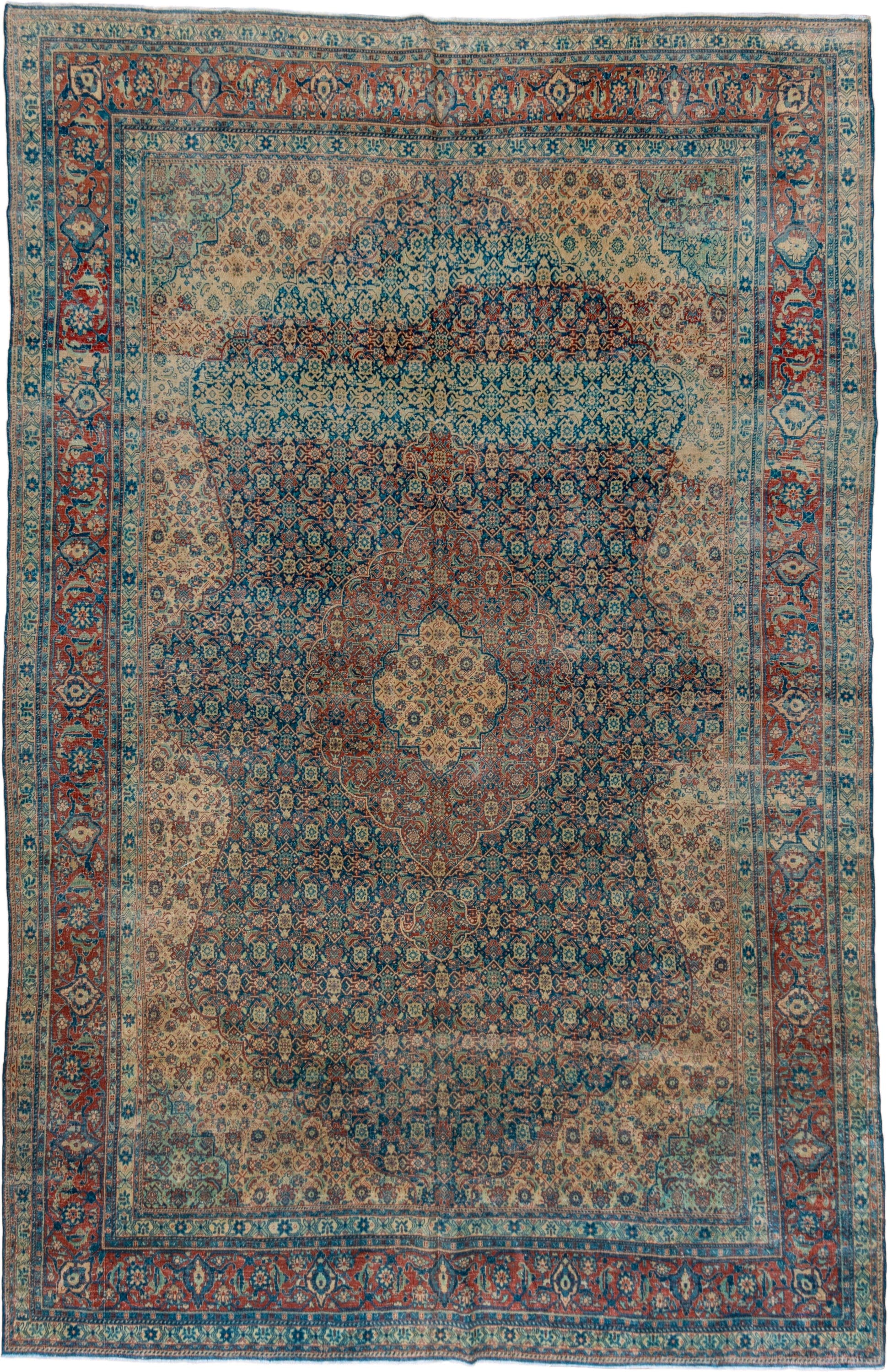 8' x 13' one-of-a-kind handmade antique Tabriz large size rug. Color palette: blue, ivory, rust, teal, camel, navy, coral