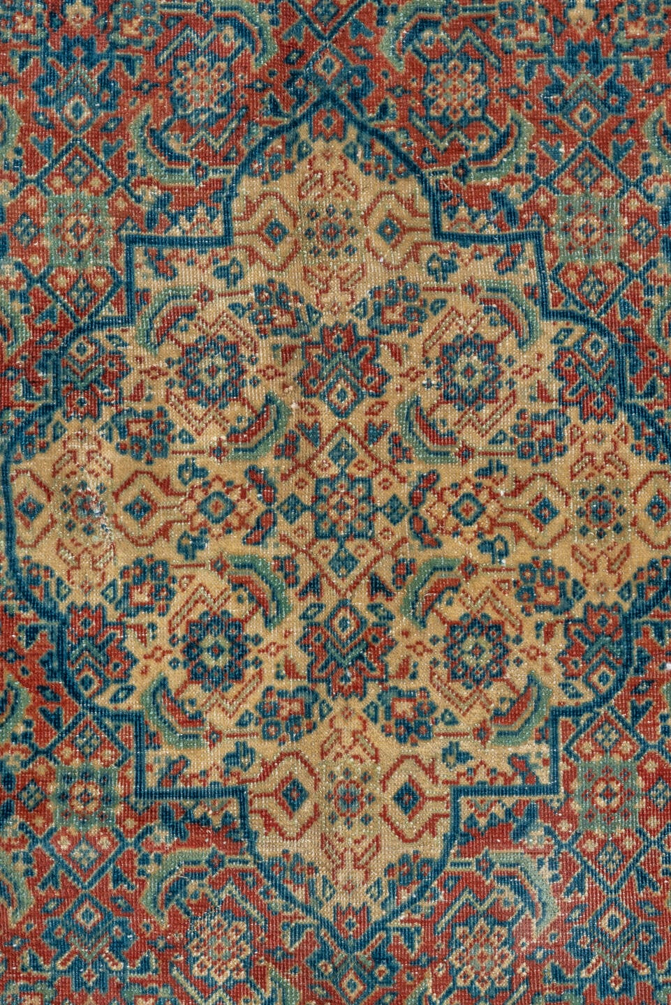 8' x 13' one-of-a-kind handmade antique Tabriz large size rug. Color palette: blue, ivory, rust, teal, camel, navy, coral