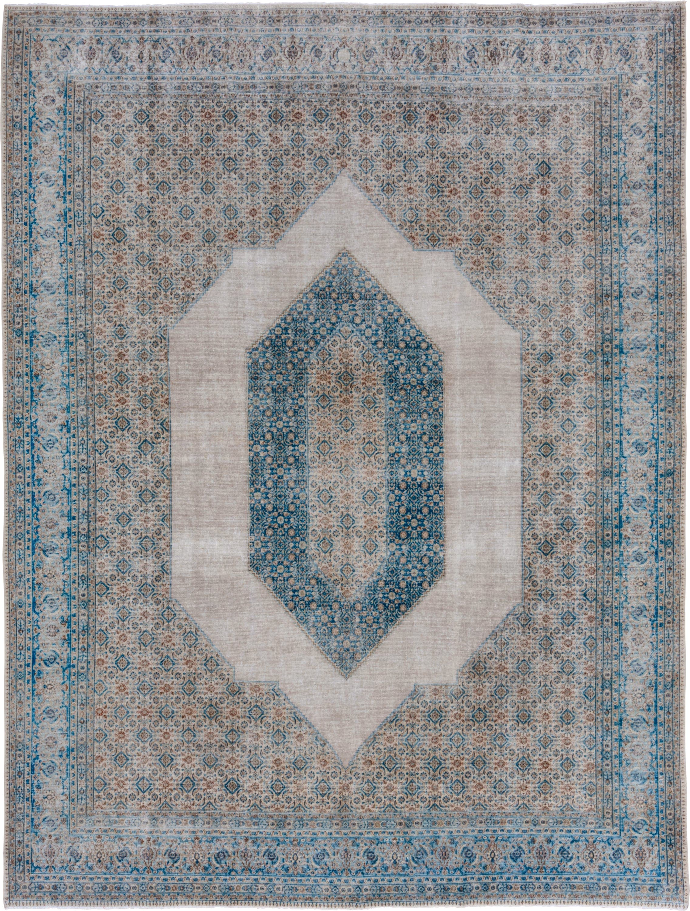9' x 12' one-of-a-kind handmade antique Tabriz large size rug. Color palette: ivory, sky blue, taupe, beige, slate, camel