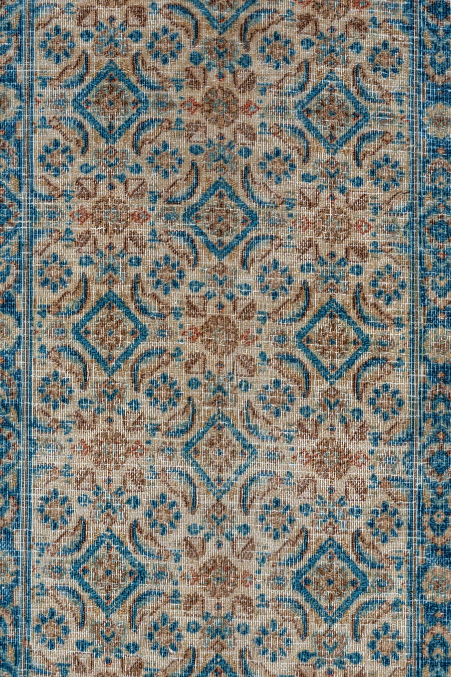 9' x 12' one-of-a-kind handmade antique Tabriz large size rug. Color palette: ivory, sky blue, taupe, beige, slate, camel