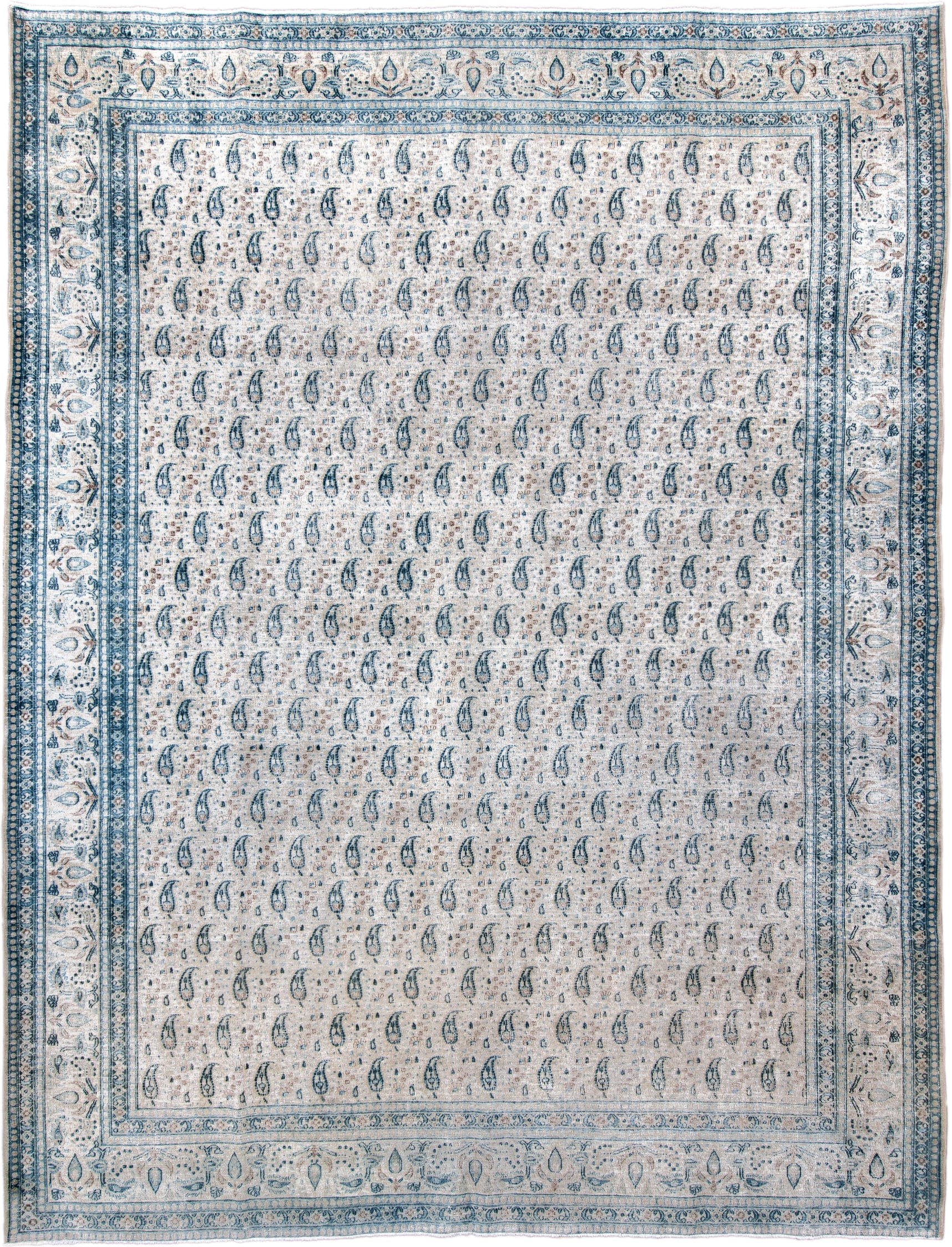 10' x 13' one-of-a-kind handmade vintage Khorassan large size rug. Color palette: ivory, sky blue, slate blue, taupe, cream