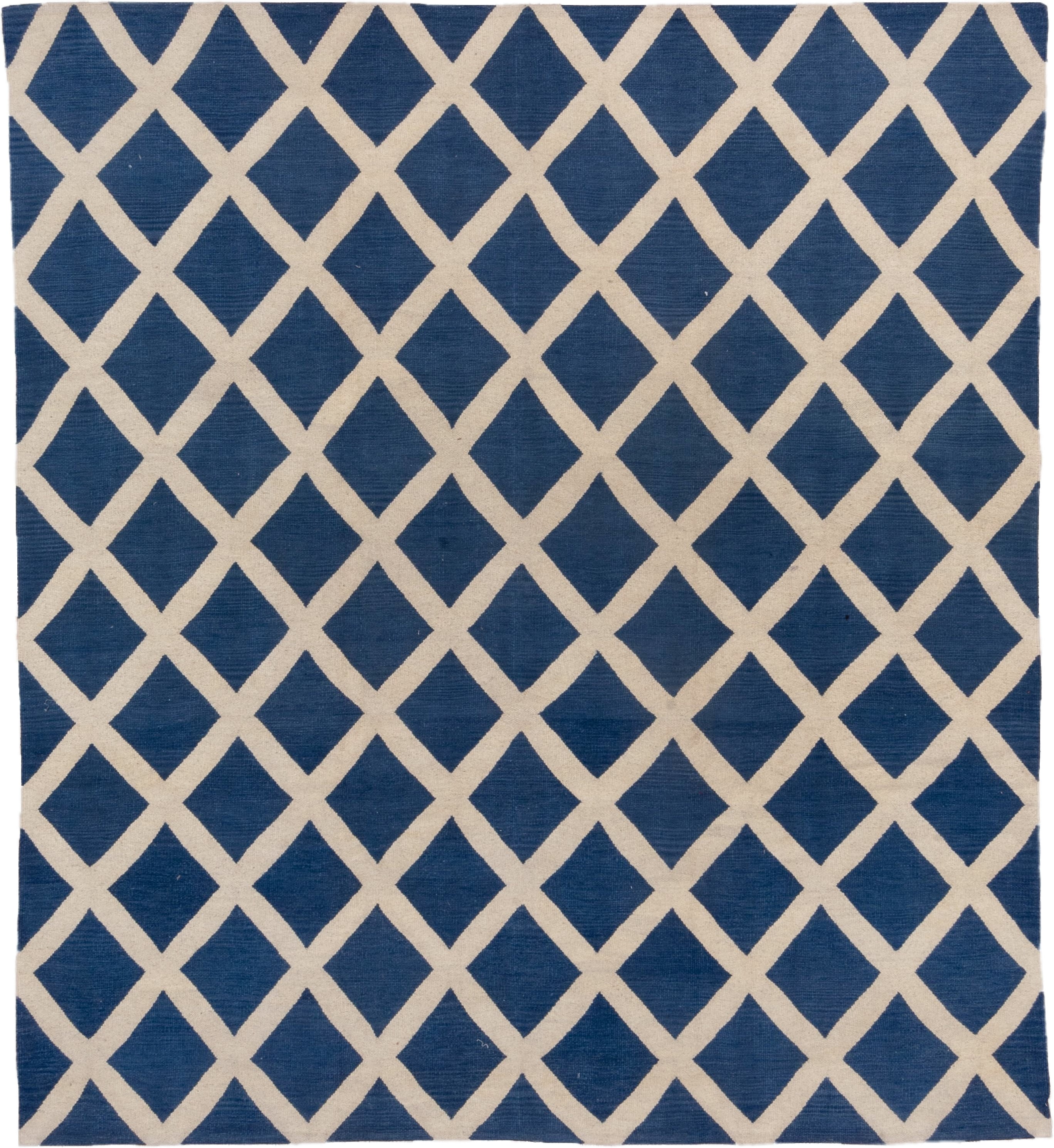 8' x 9' one-of-a-kind handmade vintage Kilim rug. Color palette: blue, ivory