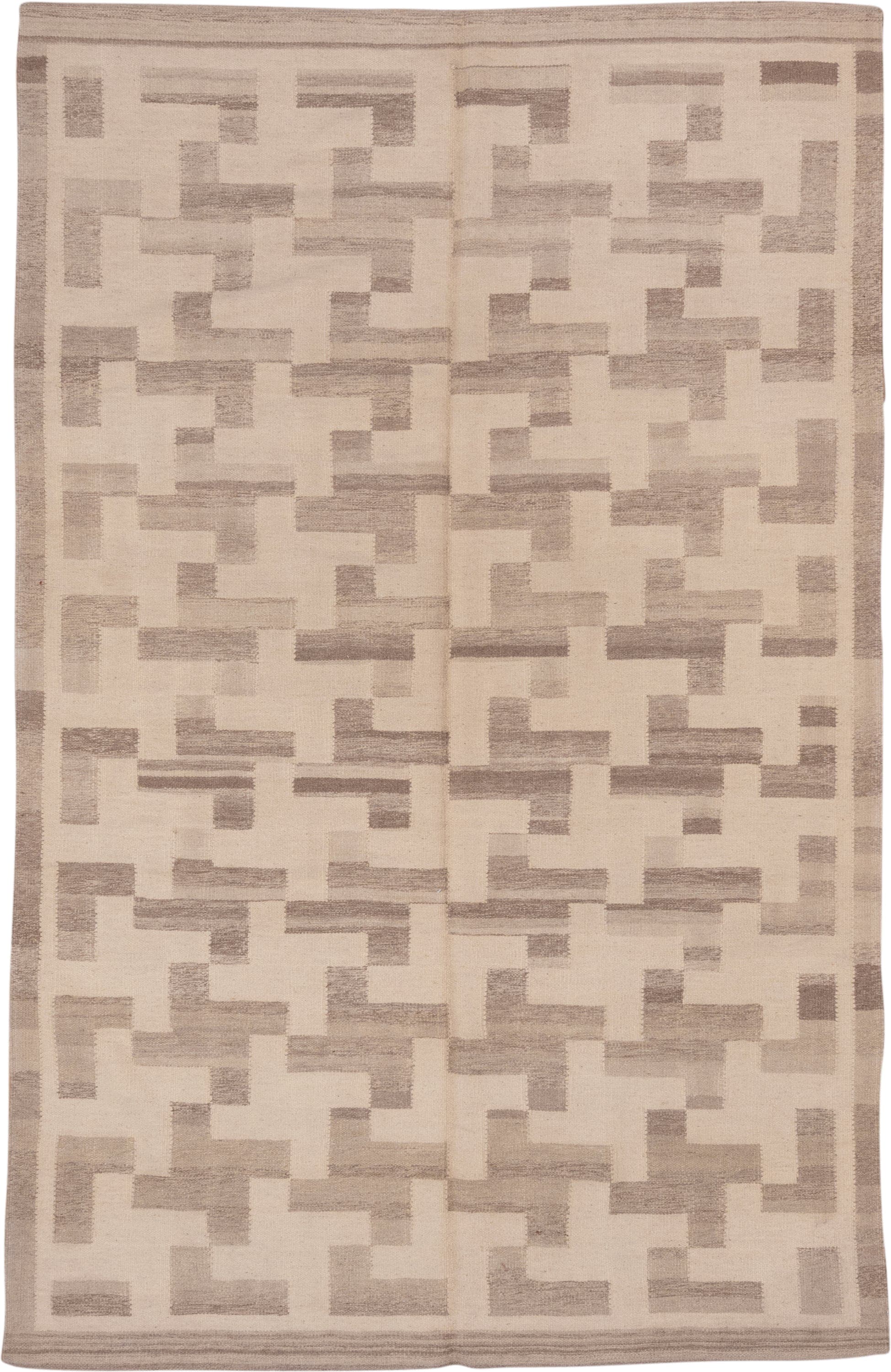 6' x 10' one-of-a-kind handmade vintage Kilim large size rug. Color palette: ivory, taupe, beige, cream, gray