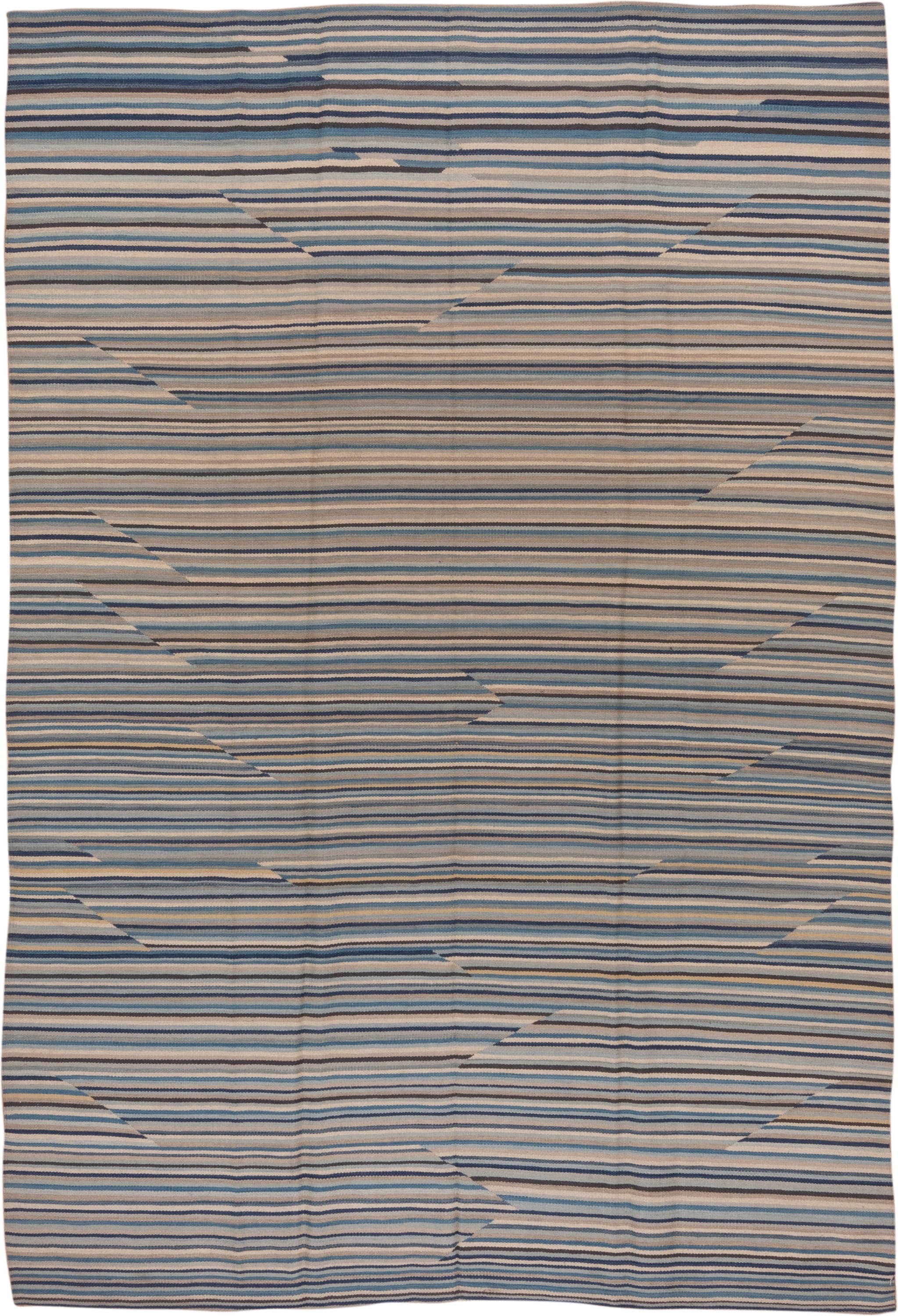 7' x 10' one-of-a-kind handmade vintage Kilim large size rug. Color palette: blue, ivory, taupe, slate, cream, beige, gray