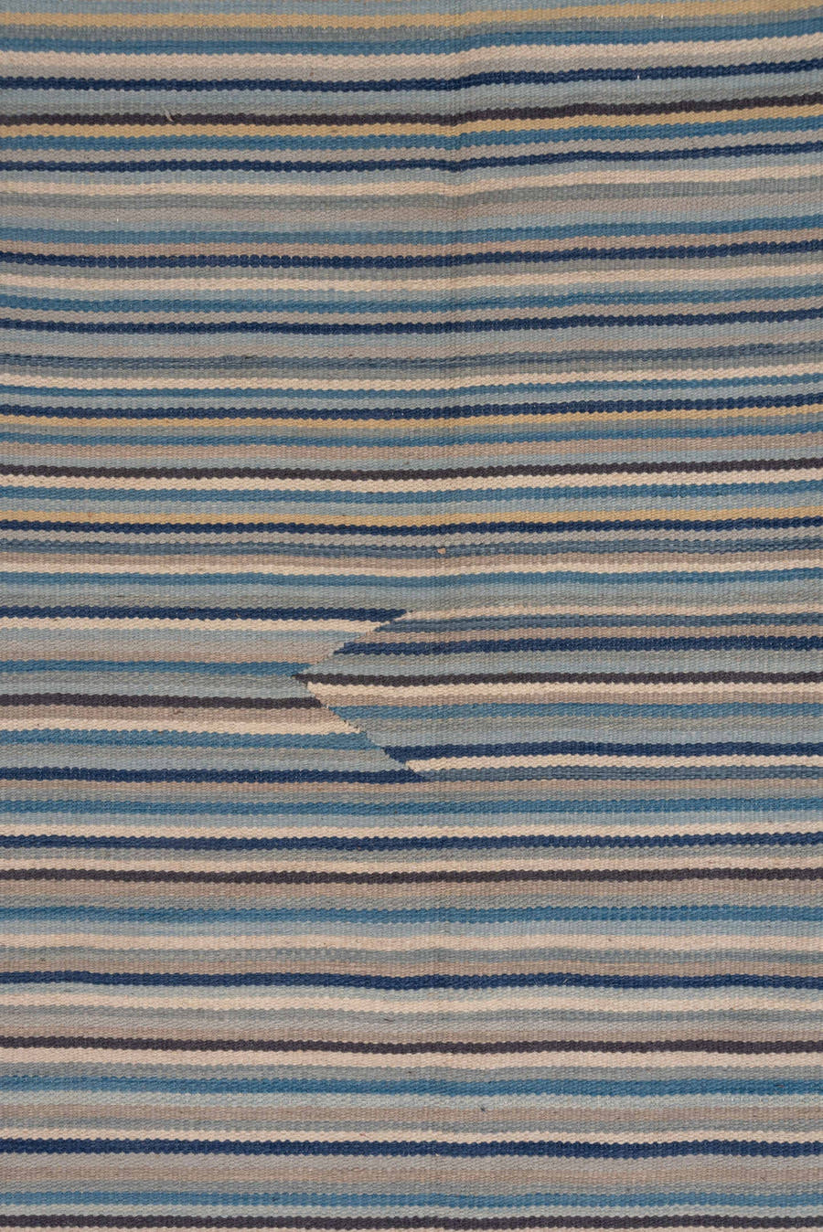 7' x 10' one-of-a-kind handmade vintage Kilim large size rug. Color palette: blue, ivory, taupe, slate, cream, beige, gray