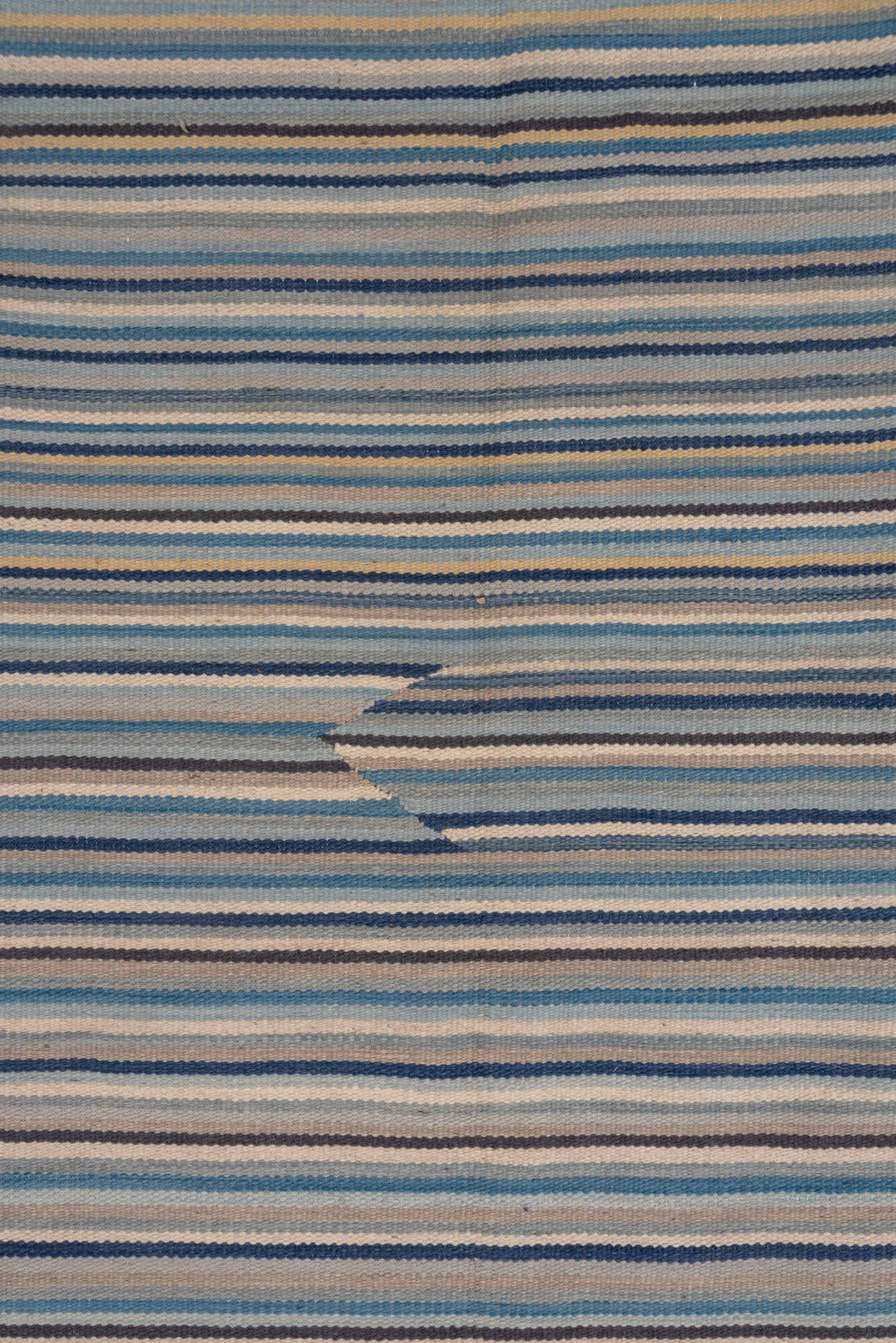 7' x 10' one-of-a-kind handmade vintage Kilim large size rug. Color palette: blue, ivory, taupe, slate, cream, beige, gray