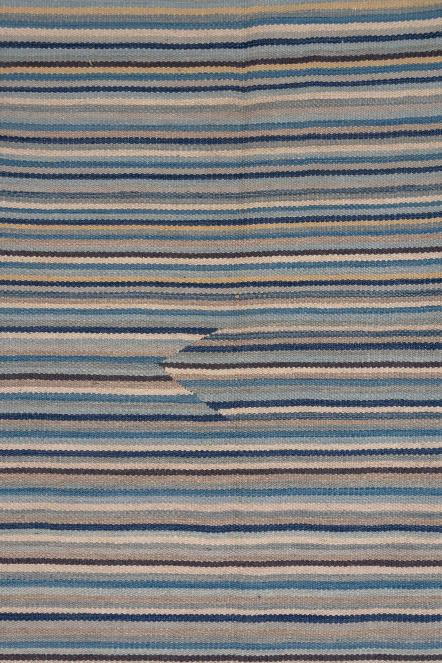 7' x 10' one-of-a-kind handmade vintage Kilim large size rug. Color palette: blue, ivory, taupe, slate, cream, beige, gray