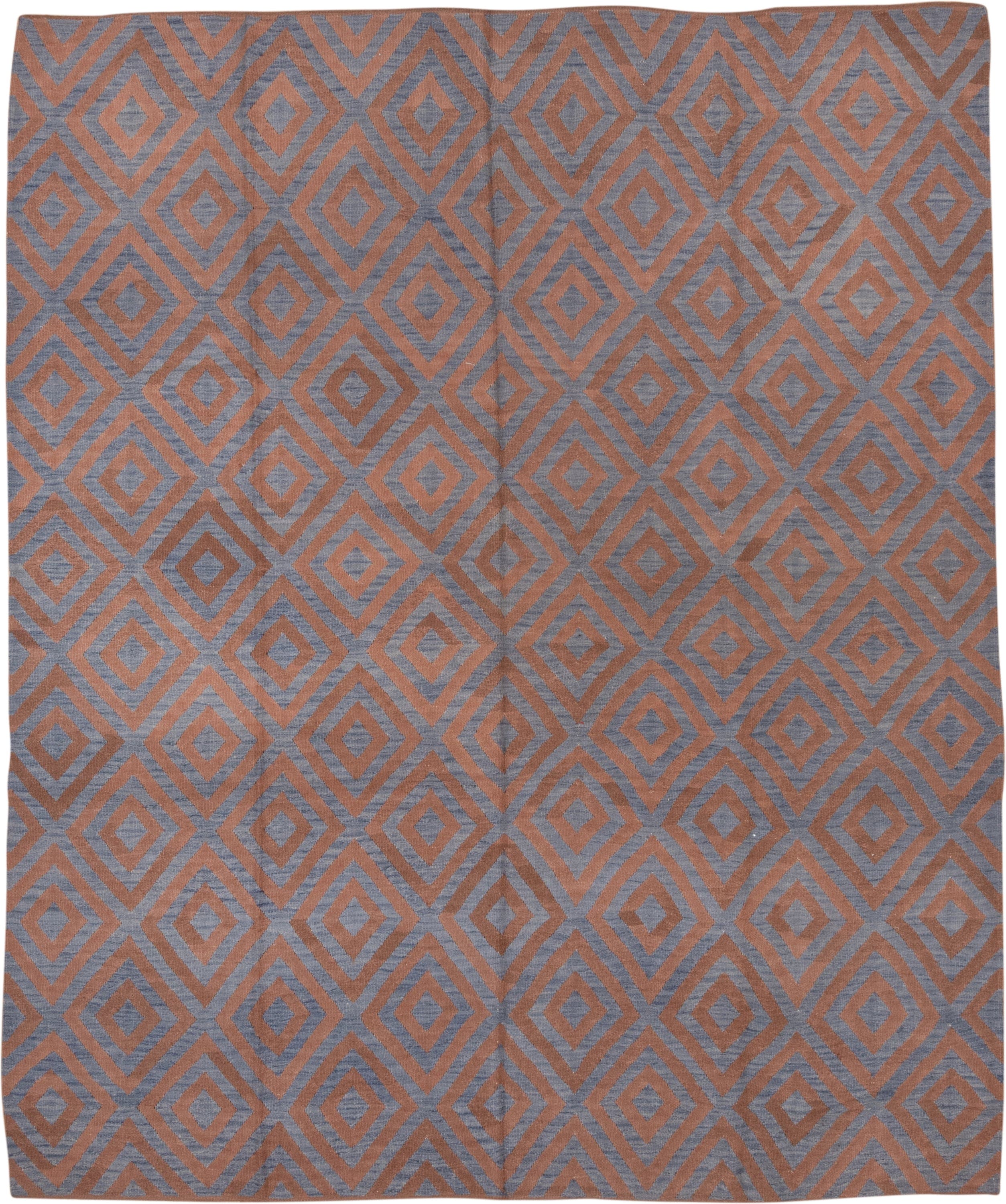 8' x 10' one-of-a-kind handmade vintage Kilim large size rug. Color palette: terra cotta, slate, dusty rose, terracotta