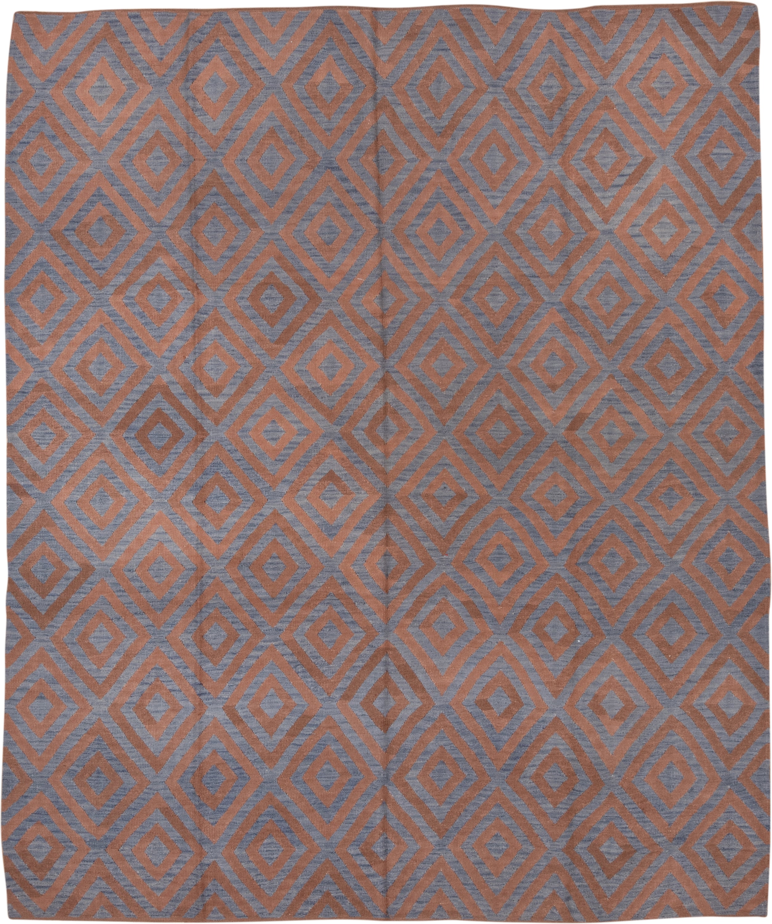 8' x 10' one-of-a-kind handmade vintage Kilim large size rug. Color palette: terra cotta, slate, dusty rose, terracotta