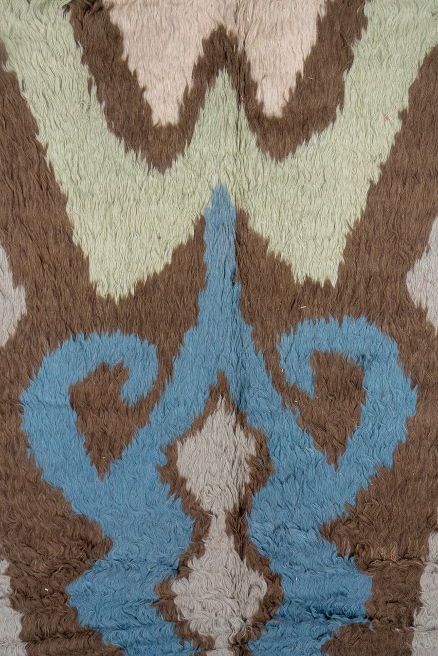 10' x 12' one-of-a-kind handmade vintage Tulu large size rug. Color palette: gray, brown, ivory, sky_blue, pale_sage