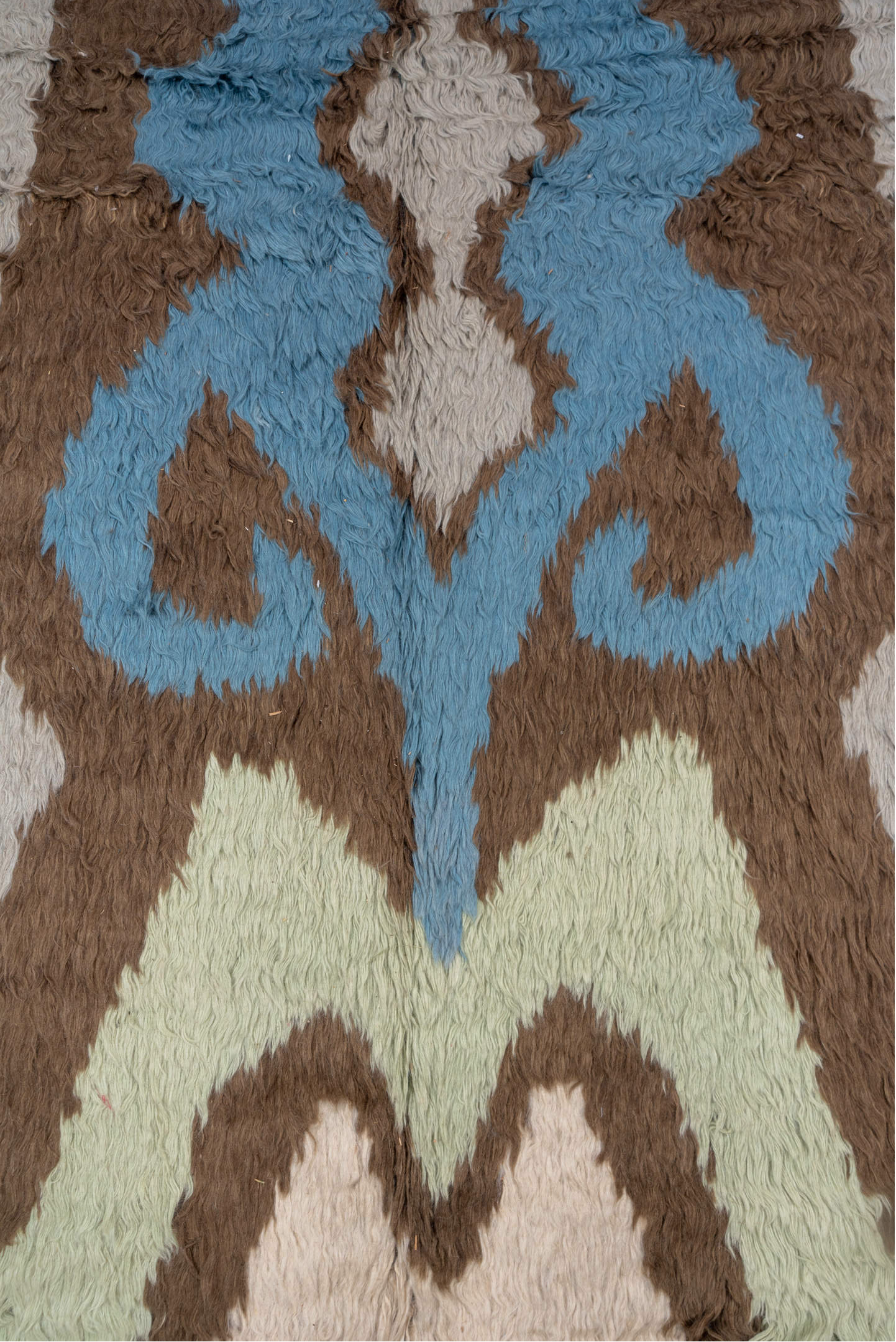 10' x 12' one-of-a-kind handmade vintage Tulu large size rug. Color palette: blue, brown, dim gray, gray, light gray
