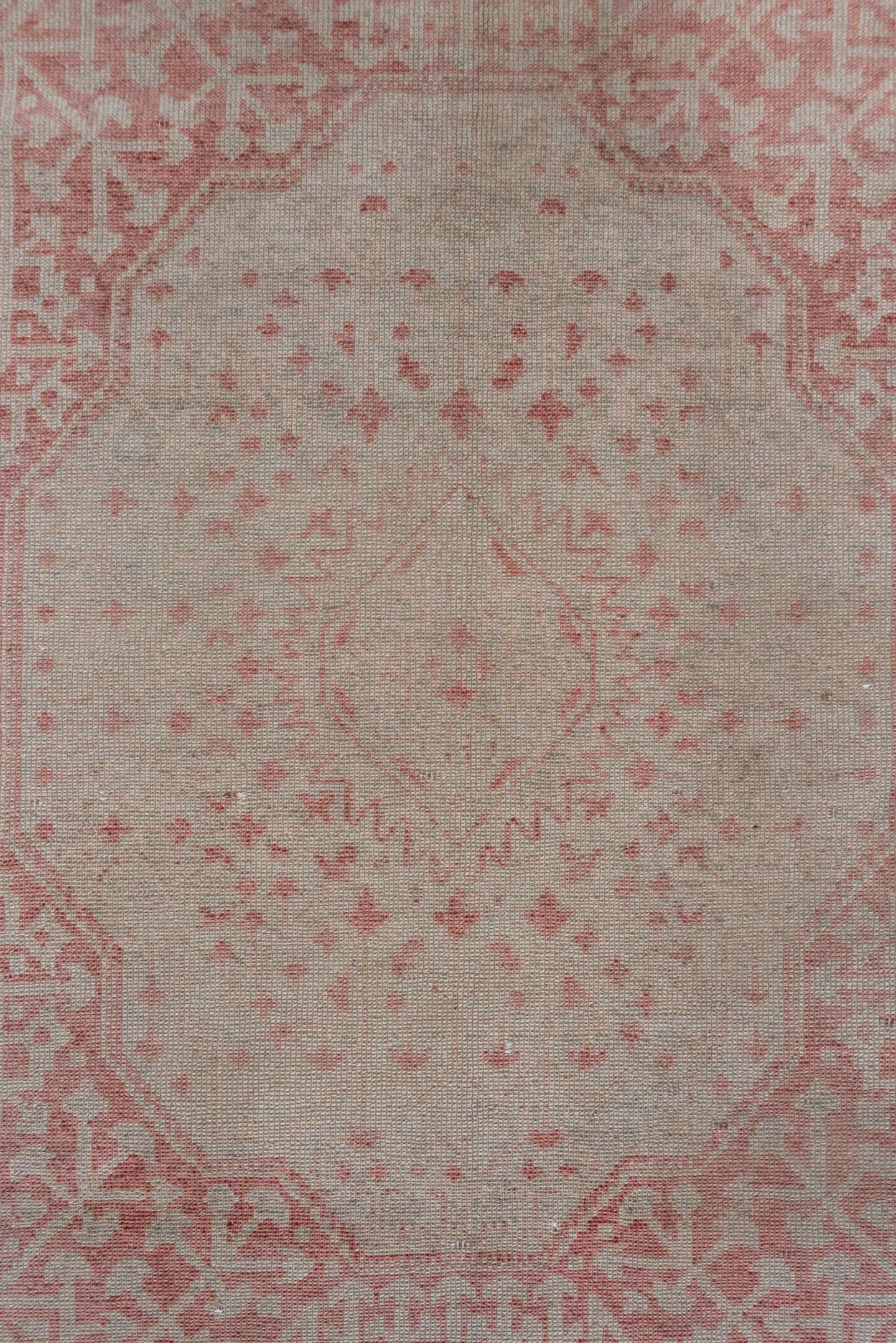 4' x 7' one-of-a-kind handmade vintage Sivas rug. Color palette: blush, taupe, rose, ivory, dusty pink, pink, beige, gray