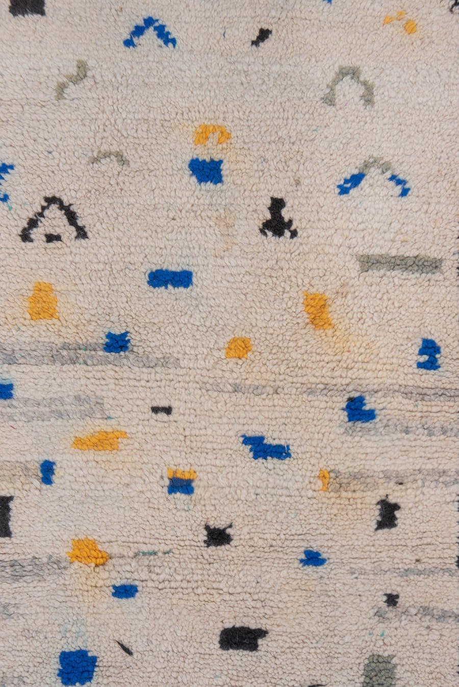 2' x 6' one-of-a-kind handmade vintage Moroccan runner rug. Color palette: ivory, charcoal, cobalt, gray, saffron, teal
