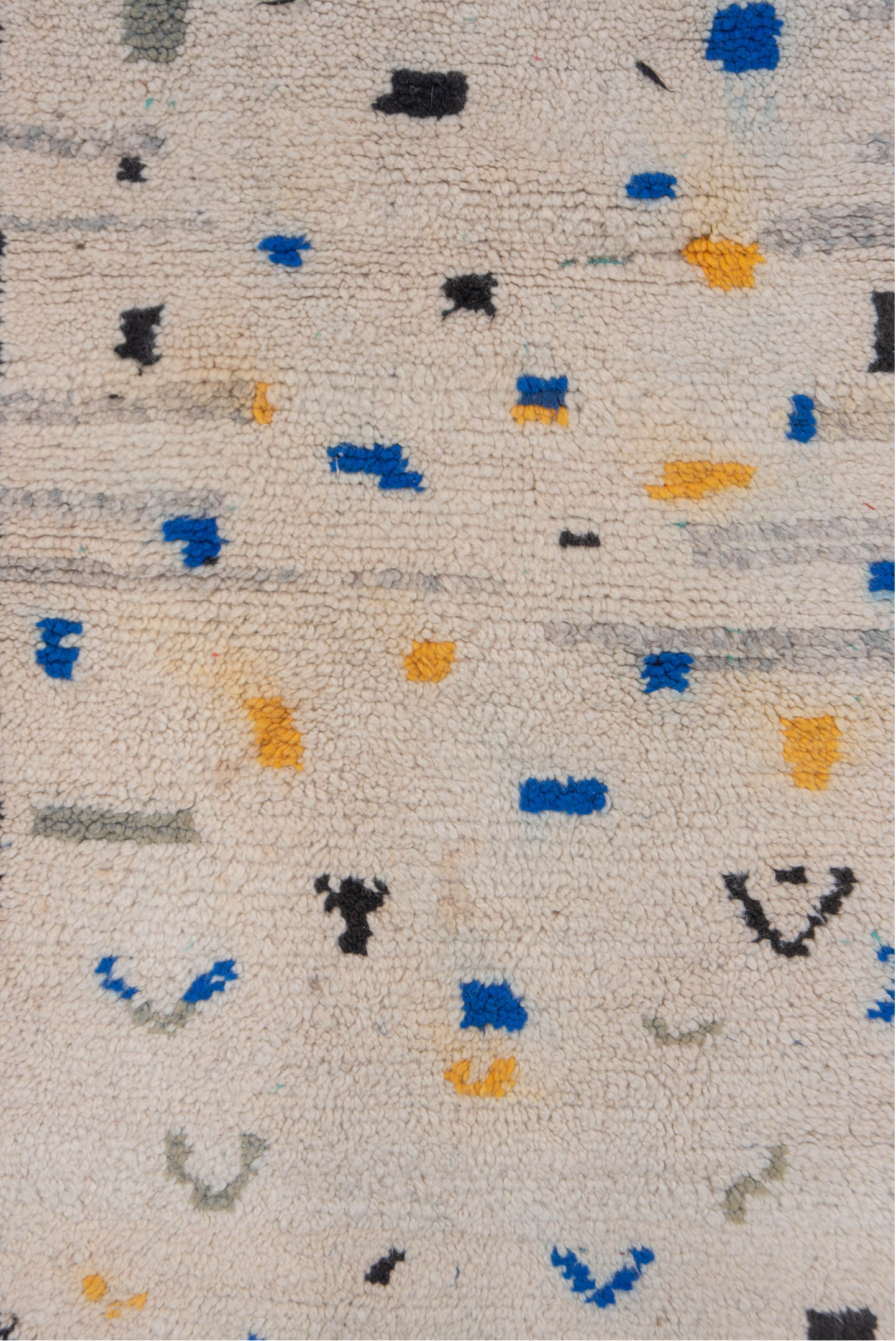 2' x 6' one-of-a-kind handmade vintage Moroccan runner rug. Color palette: ivory, charcoal, cobalt, gray, saffron, teal