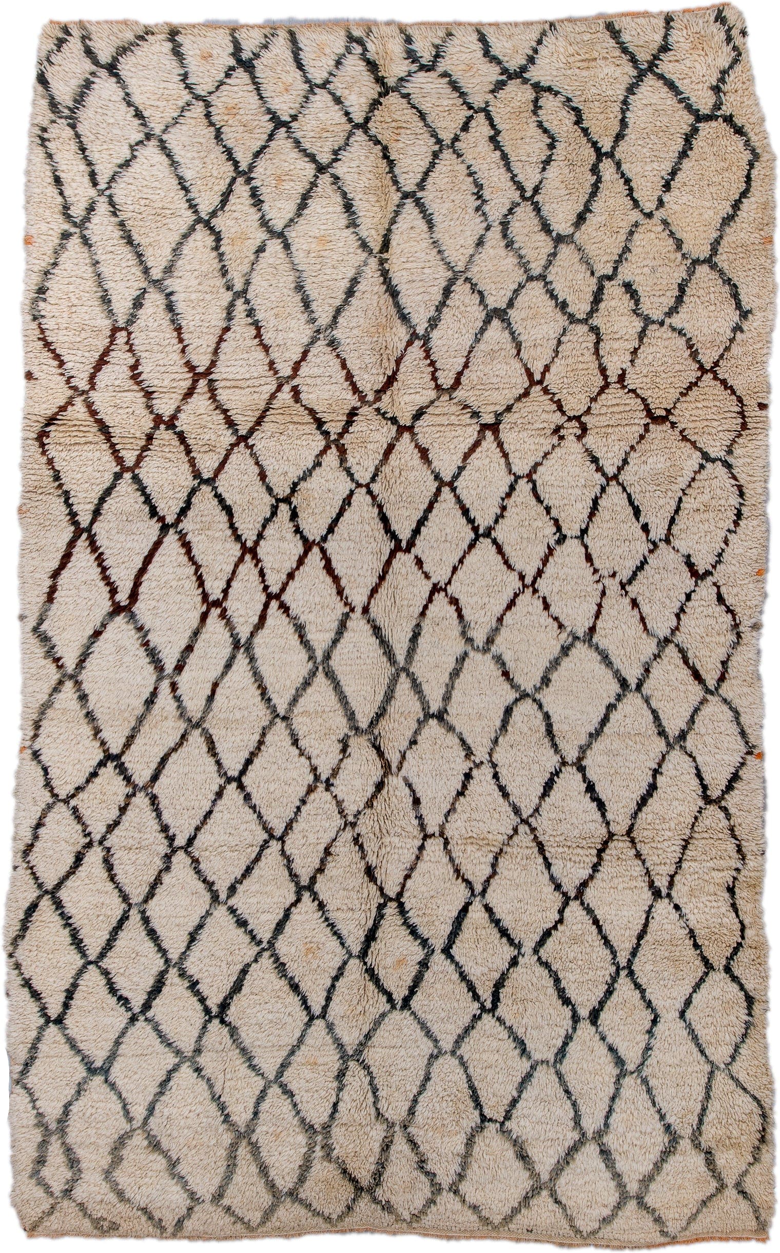 6' x 9' one-of-a-kind handmade vintage Moroccan medium size rug. Color palette: ivory, charcoal, rust, taupe, gray, black