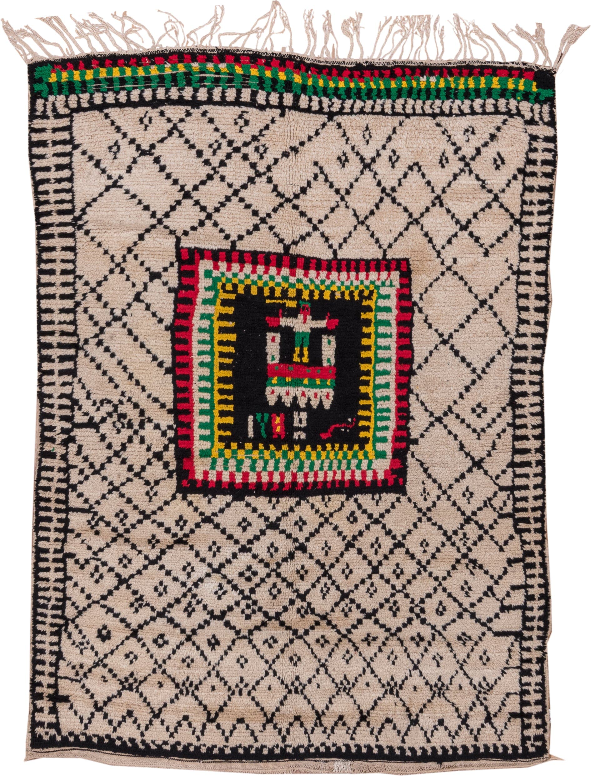 5' x 7' one-of-a-kind handmade antique Moroccan rug. Color palette: ivory, black, crimson, green, gold, rose, red, pink