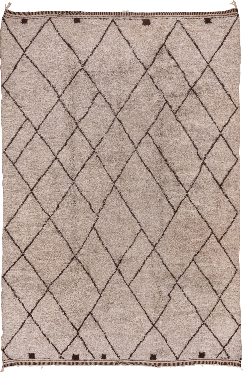 8' x 12' one-of-a-kind handmade vintage Moroccan large size rug. Color palette: brown, gray, light gray, off-white, pink