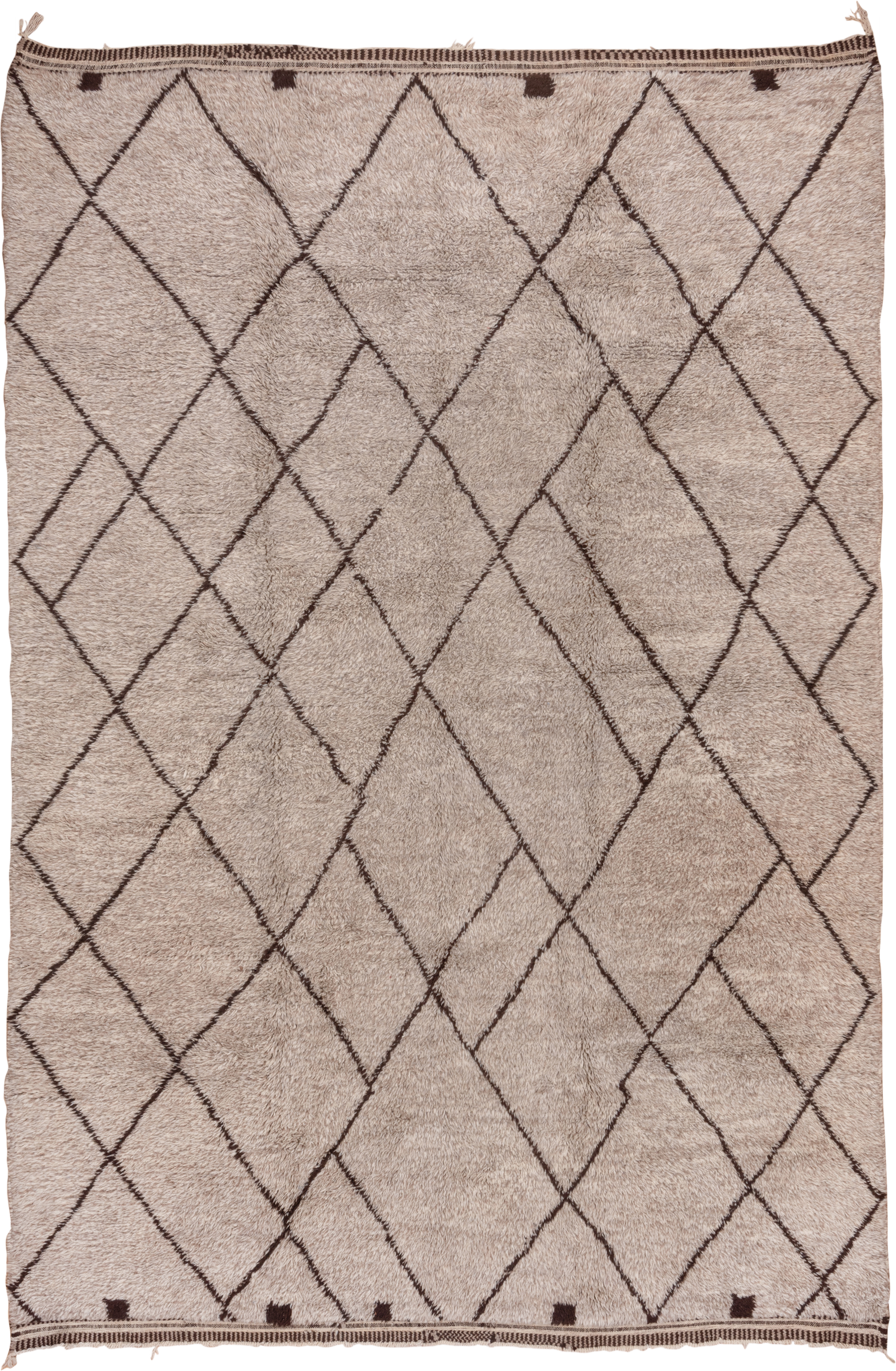8' x 12' one-of-a-kind handmade vintage Moroccan large size rug. Color palette: ivory, taupe, brown, charcoal, beige, gray