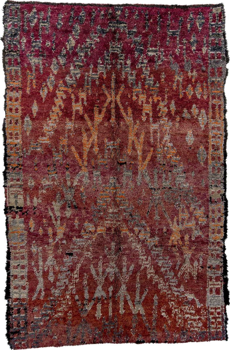 6' x 9' one-of-a-kind handmade vintage Moroccan medium size rug. Color palette: brown, gray, light gray, off-white, pink