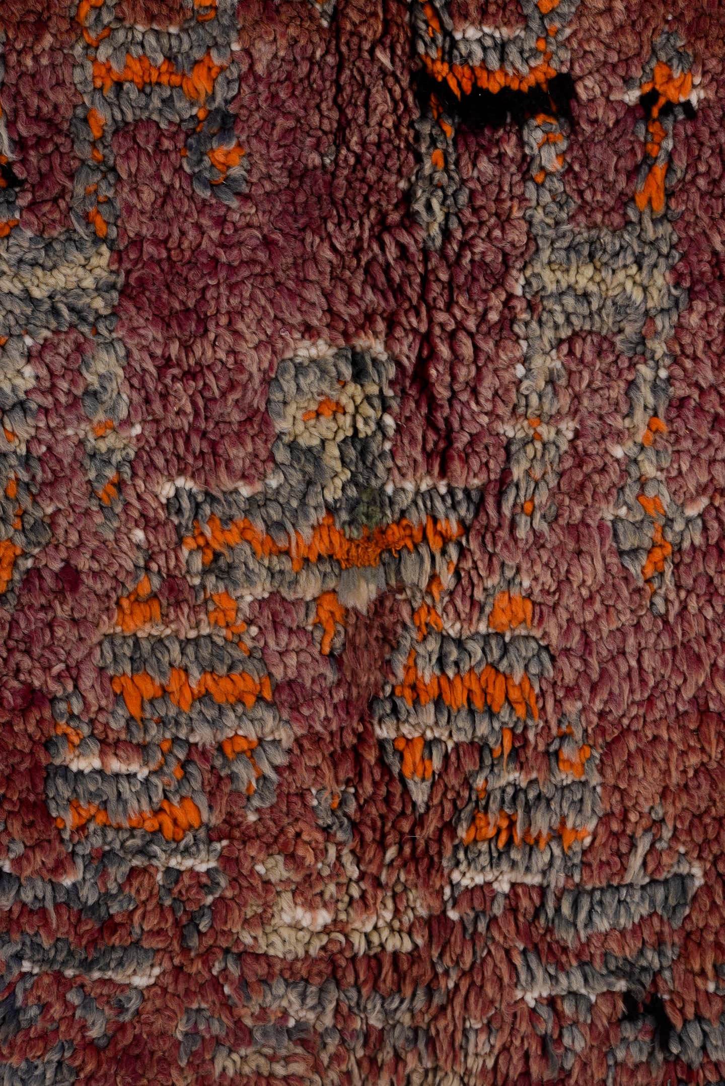 6' x 9' one-of-a-kind handmade vintage Moroccan medium size rug. Color palette: rose, burgundy, charcoal, ivory, rust