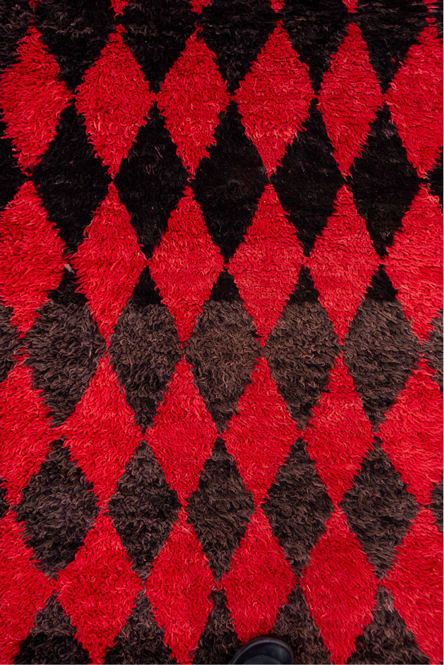 3' x 11' one-of-a-kind handmade vintage Moroccan runner rug. Color palette: brown, indian red, pink, red, redwood