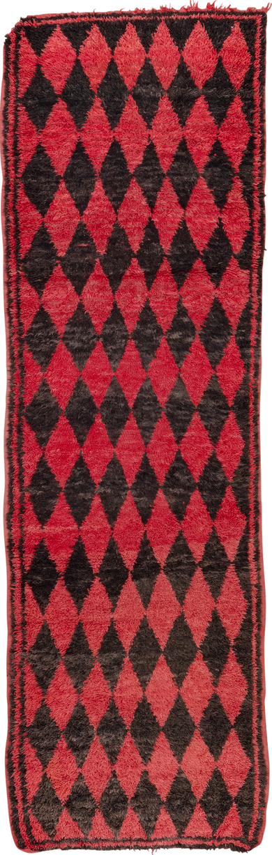 3' x 11' one-of-a-kind handmade vintage Moroccan runner rug. Color palette: black, brown, gray, indian red, pink, red