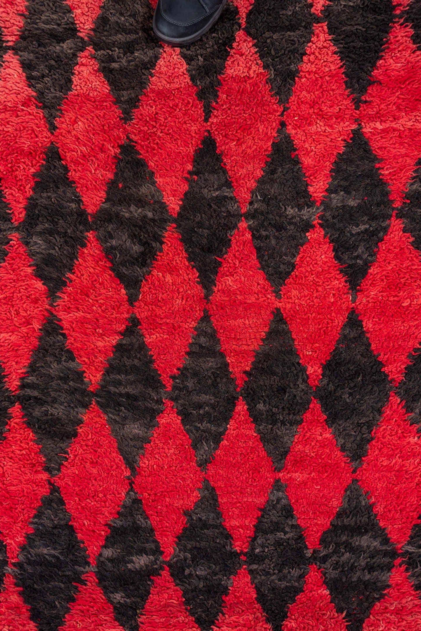3' x 11' one-of-a-kind handmade vintage Moroccan runner rug. Color palette: crimson, charcoal, rose, red, gray, black, pink