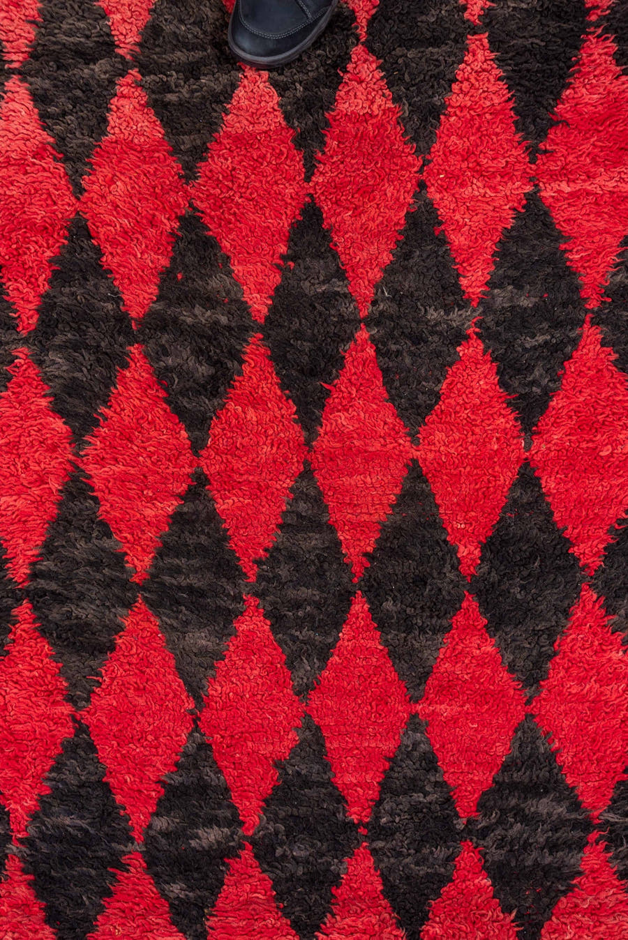 3' x 11' one-of-a-kind handmade vintage Moroccan runner rug. Color palette: crimson, charcoal, rose, red, gray, black, pink