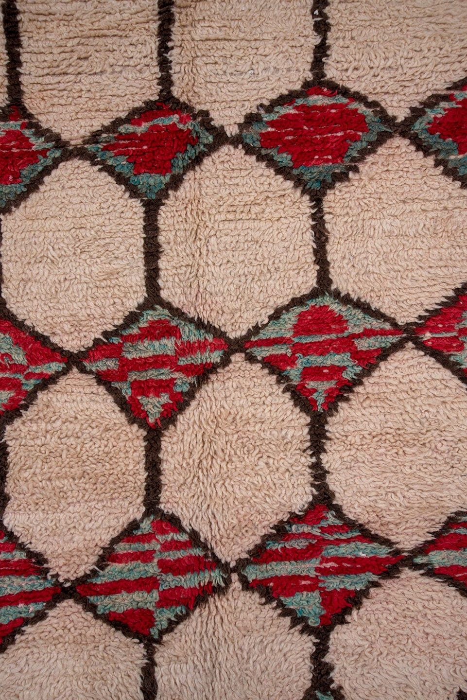 5' x 8' one-of-a-kind handmade vintage Moroccan medium size rug. Color palette: ivory, crimson, charcoal, sage, blush, red