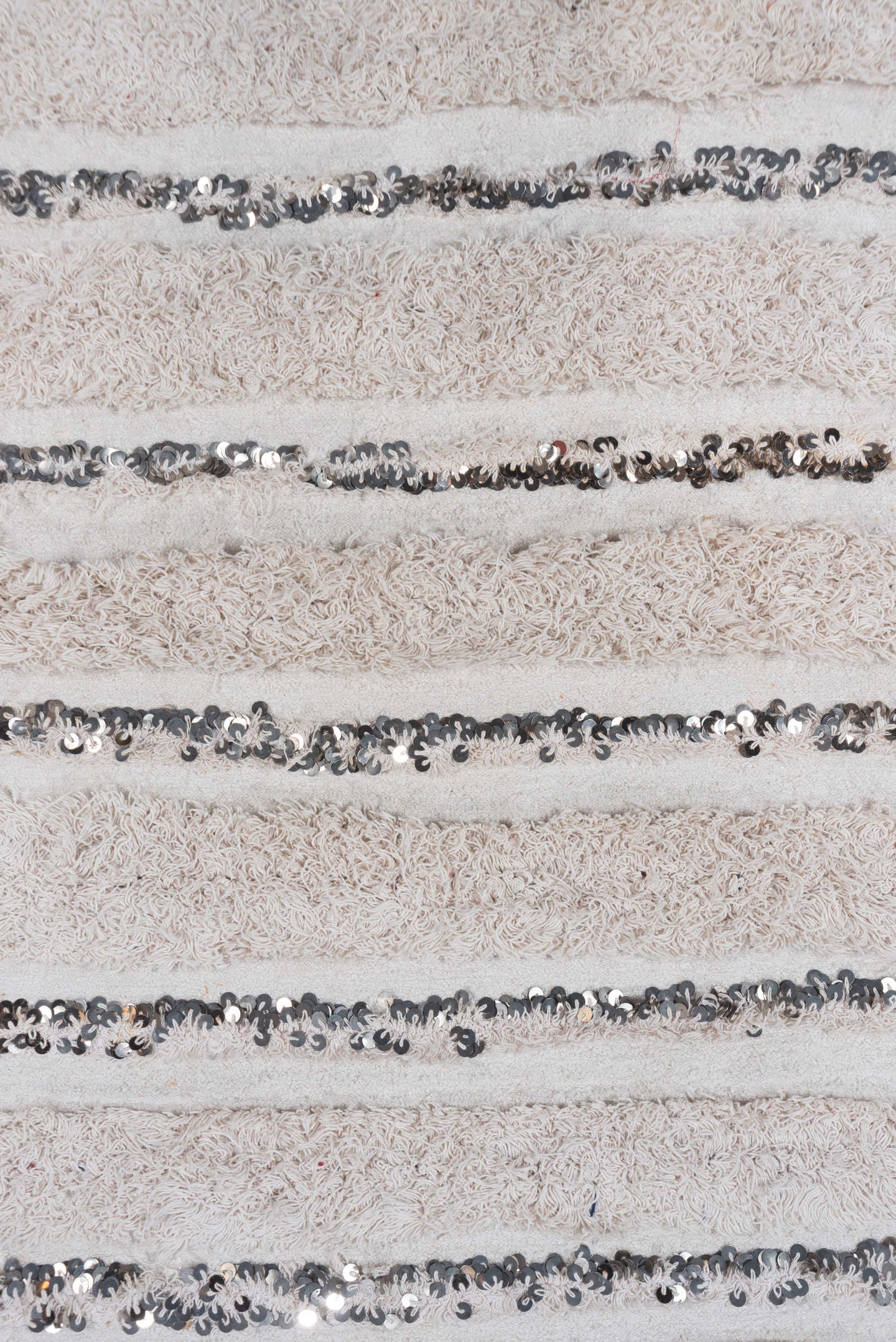 4' x 6' one-of-a-kind handmade vintage Wedding Blanket small size rug. Color palette: ivory, cream, silver, taupe, charcoal
