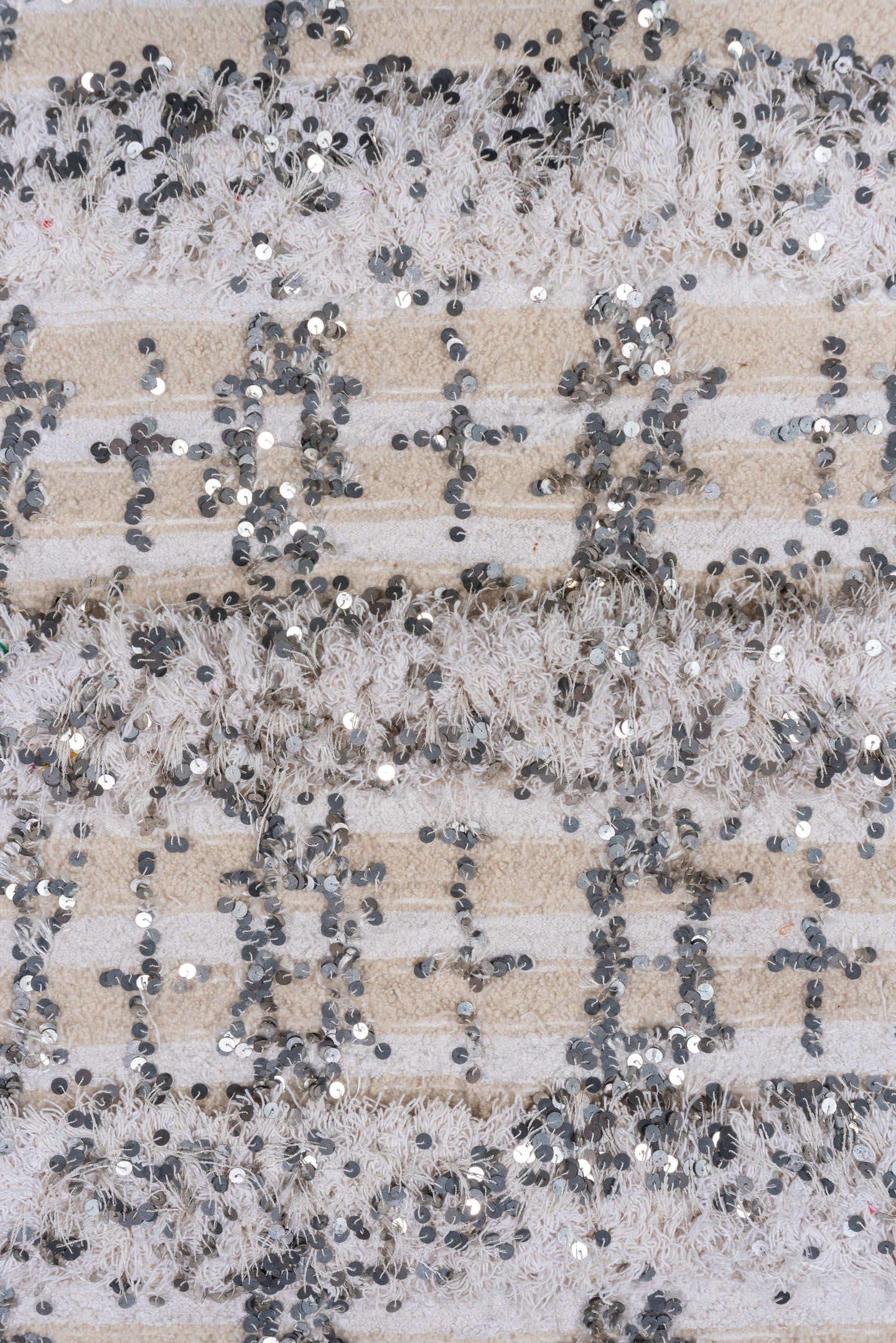 4' x 6' one-of-a-kind handmade vintage Wedding Blanket small size rug. Color palette: ivory, cream, silver, beige, gray