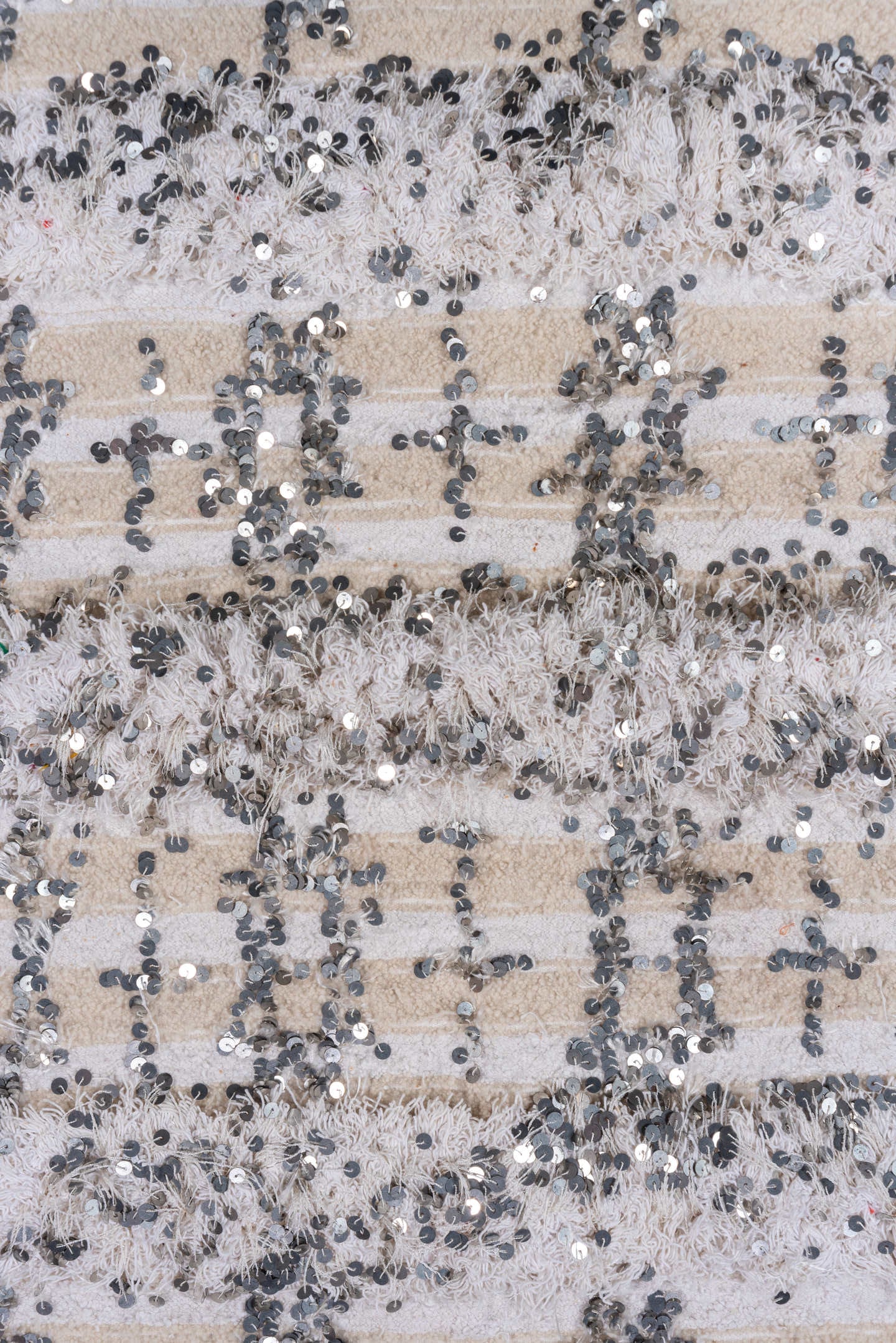4' x 6' one-of-a-kind handmade vintage Wedding Blanket small size rug. Color palette: ivory, cream, silver, beige, gray