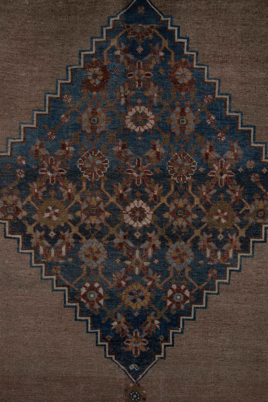 7' x 12' one-of-a-kind handmade antique Bidjar large size rug. Color palette: taupe, sky blue, indigo, rust, ivory, slate