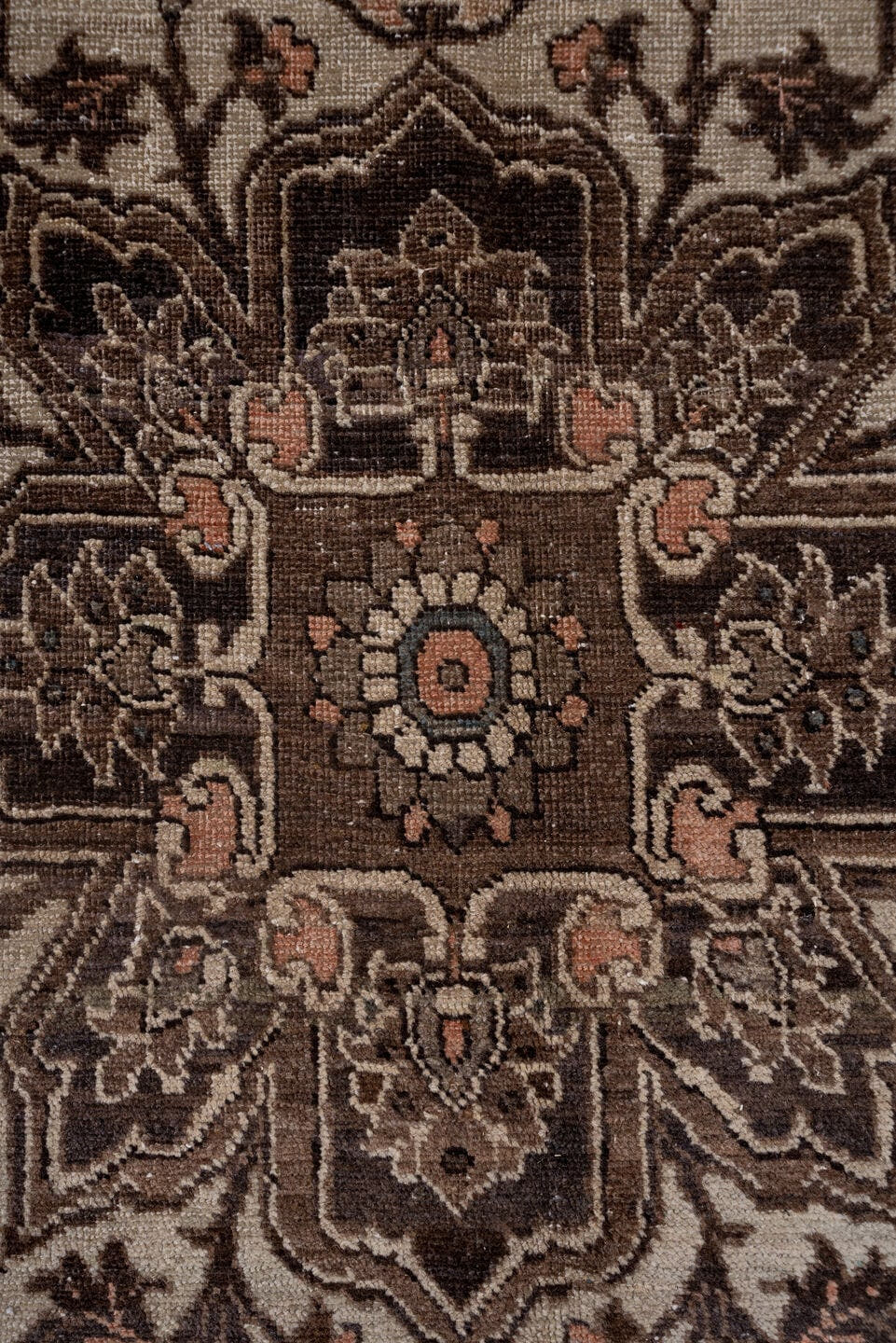 9' x 12' one-of-a-kind handmade antique Heriz large size rug. Color palette: taupe, brown, ivory, charcoal, rose, slate